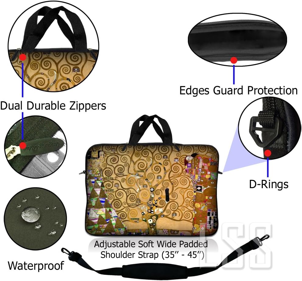 Laptop Sleeve Bag Carrying Case w/Handle & Adjustable Shoulder Strap & Matching Skin Sticker Compatible with 15" 15.4" 15.6" Dell, Asus, Acer - Klimt Tree of Life
