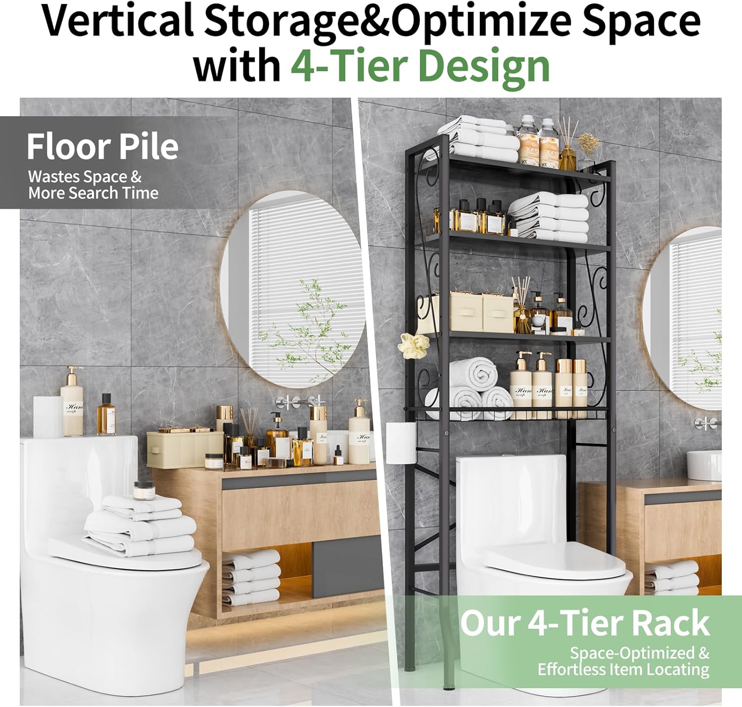 Over-The-Toilet Storage Rack 4-Tier,Bathroom Organizer Shelf Over Toilet,Adjustable Wooden Shelves and Basket,Freestanding Above Toilet Shelf,Space Saver for Rooms(Black Rack-Black Shelves) - Image 5