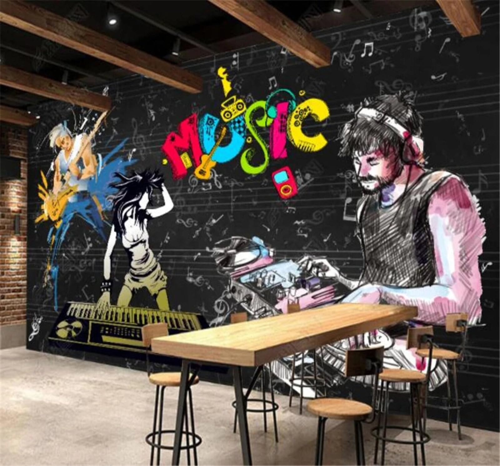Wallpaper-3D-Xlm 400Cm×280Cm(B×H) Abstract Colourful Doodle People Music 3D Wallpaper Easy Install Feature Office Living Room Sofa Bedroom Tv Background Wall Decoration-400Cm×280Cm