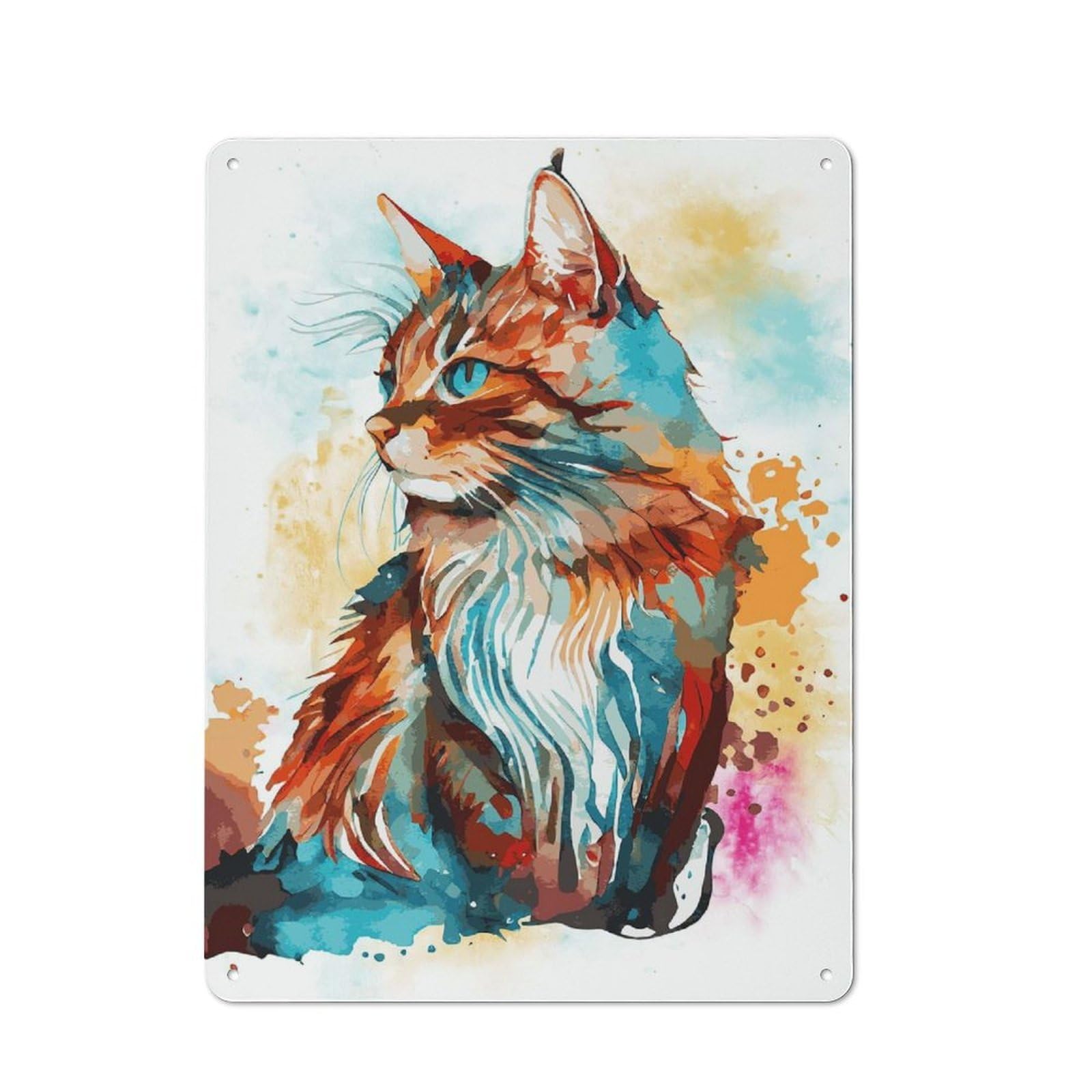 Retro Metal Sign with Watercolor Bobtail Cat Art Design 40x30cm, Distressed Look Retro Room Decor for Living Room, Hallway, Kitchen Or Cafe