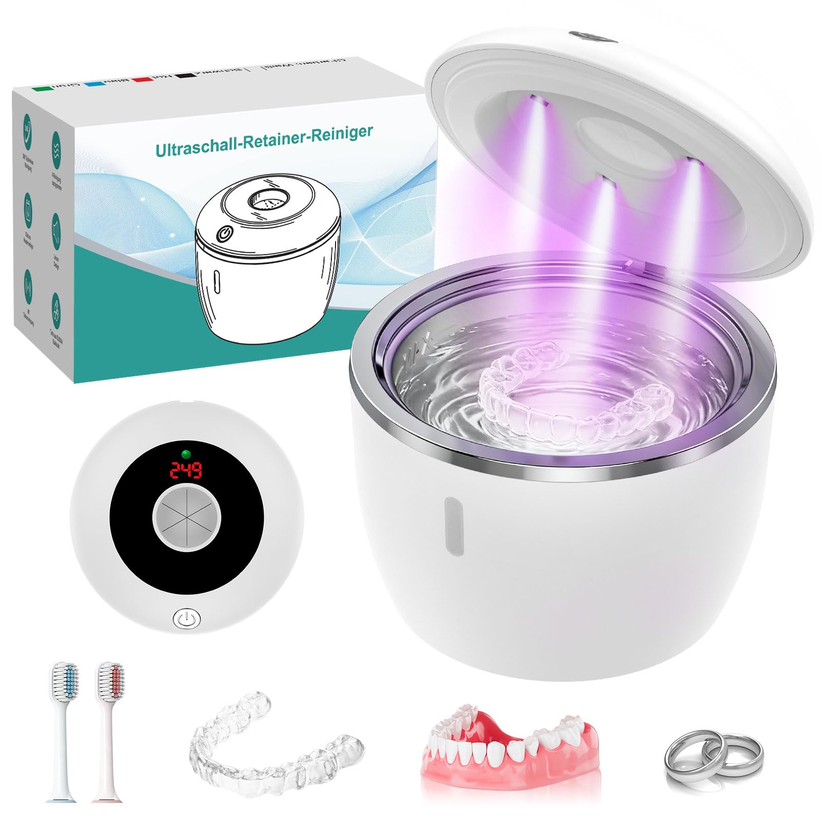 Ultraschallreinigungsgerät, 48kHz Ultraschallreiniger mit 4 Modi, digitalem Timer, Ultrasonic Cleaner für Zahnersatz, Mundschutz, Zahnbürsten, Nachtschutz, Schmuck