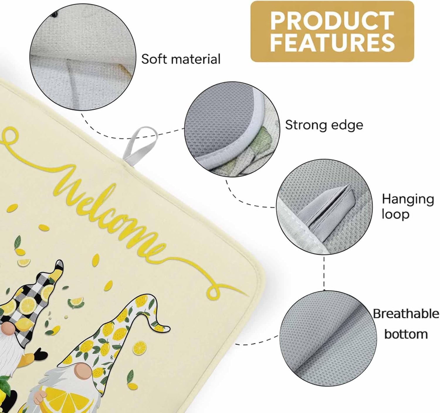 Summer Idyllic Lemon Dwarf Dish Drying Mats for Kitchen Counter,Absorbent Microfiber Dish Drainer Rack Mat Country Yellow Fruits Gnome Art Drying Pad for Sinks,Utensils,Countertops,18x24in