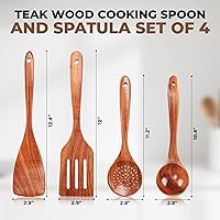 Vista 2 de Juego de utensilios de cocina de madera de teca natural - 4 piezas de cucharas de madera para cocinar con cucharón, espátula y cuchara ranurada
