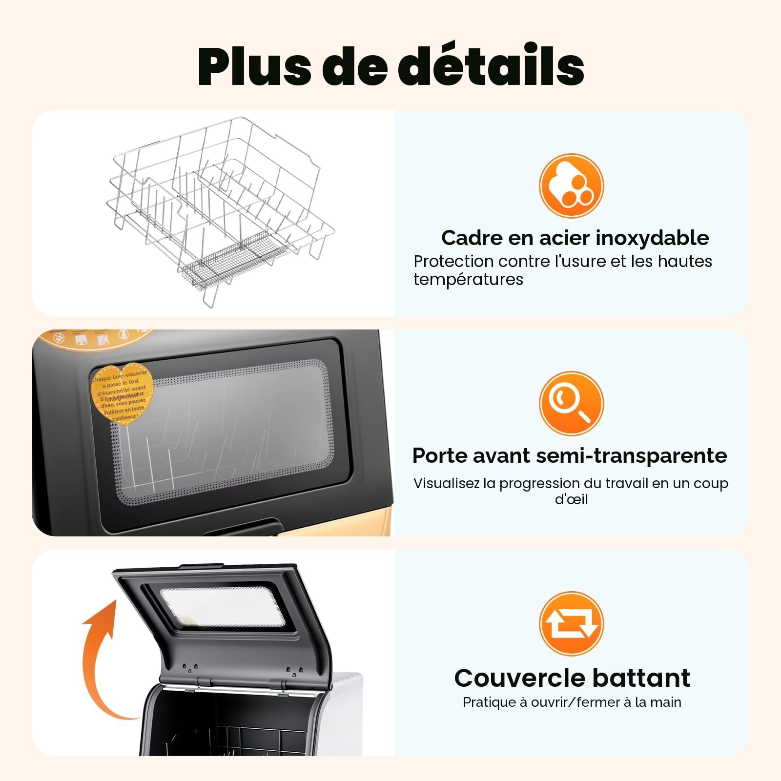 Mini lave-vaisselle 800 W, 5 programmes, buse rotative 360°, contrôle tactile, 2 modes de lavage, indicateur LED