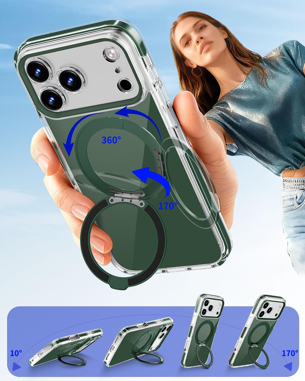 Magnetic for iPhone 17 Pro Max Case 360° Spin Stand Compatible with MagSafe, Military-Grade Protection,Non-Yellowing, Clear Scratch-Resistant Back Cover for 17 Pro Max 6.9'', Green