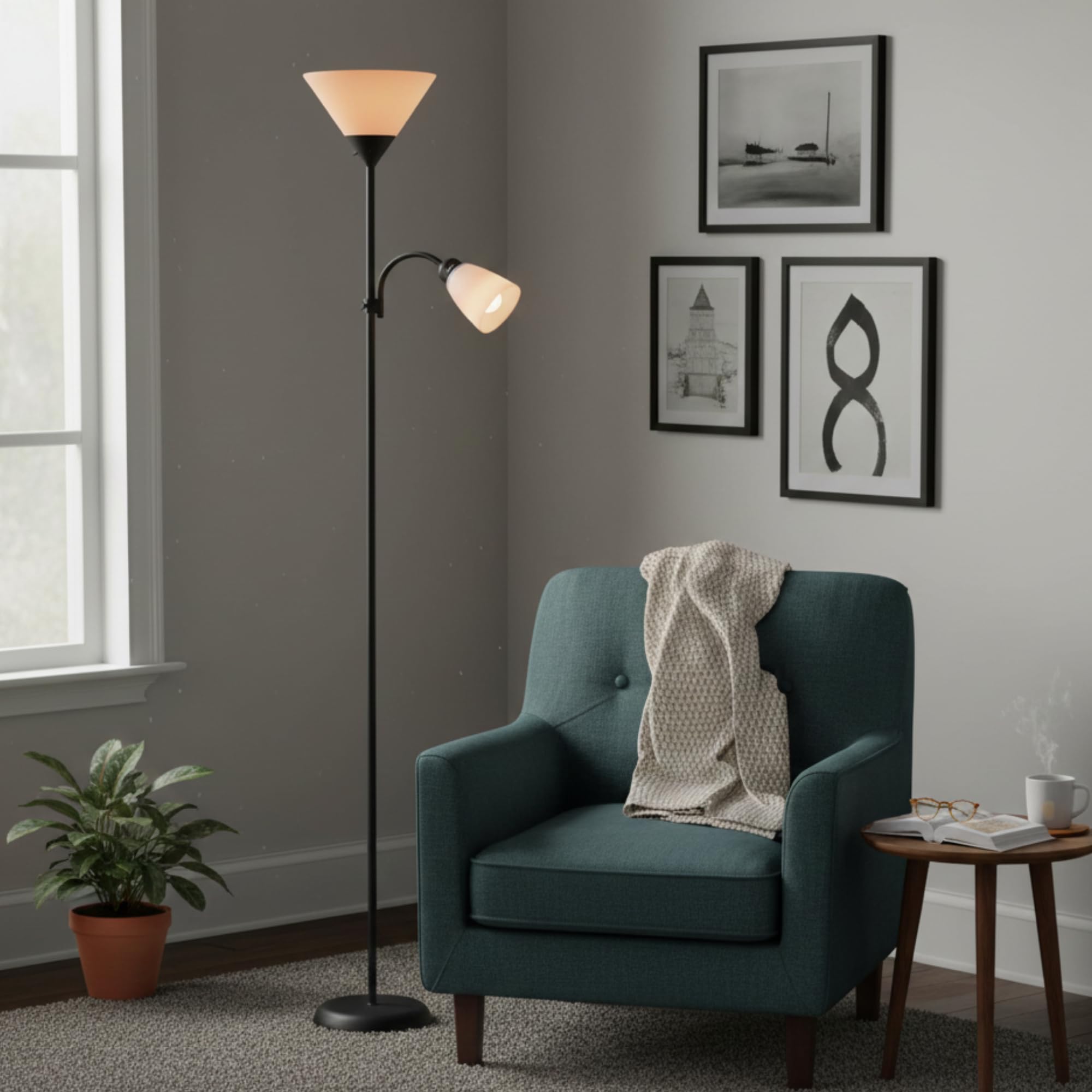 Burakh Black Adjustable High Brightness Floor Lamp With 2 Reading Lights For Living Rooms, Bedrooms – Replace Halogen Standing Lamps With Efficient Led Office Lighting - Tall Pole (Black)