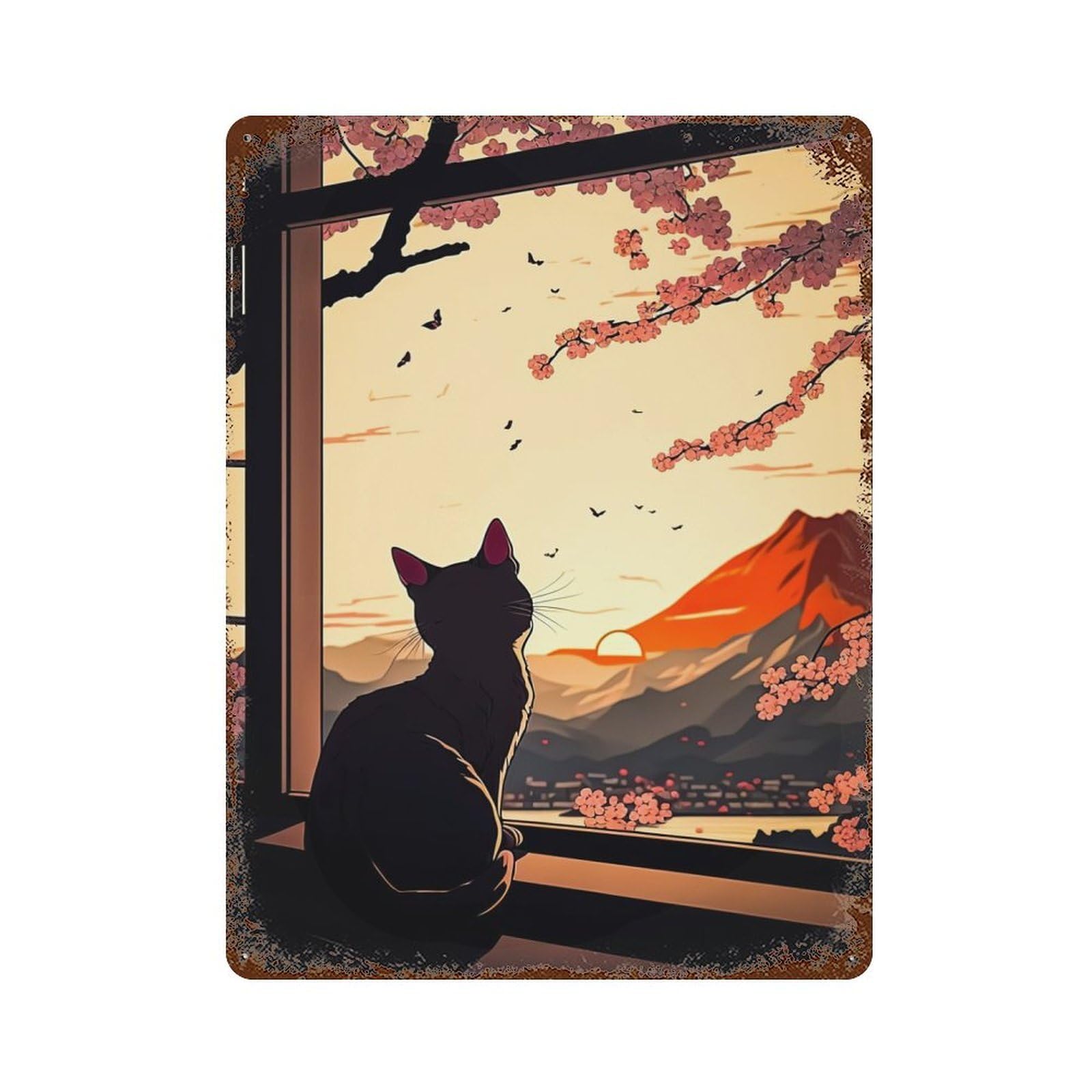 Cat Cherry Blossom Japan 15.7"x11.8" Rusty Metal Tin Sign, Novelty Wall Decor for Cafe, Home Bar And Lounge Decor