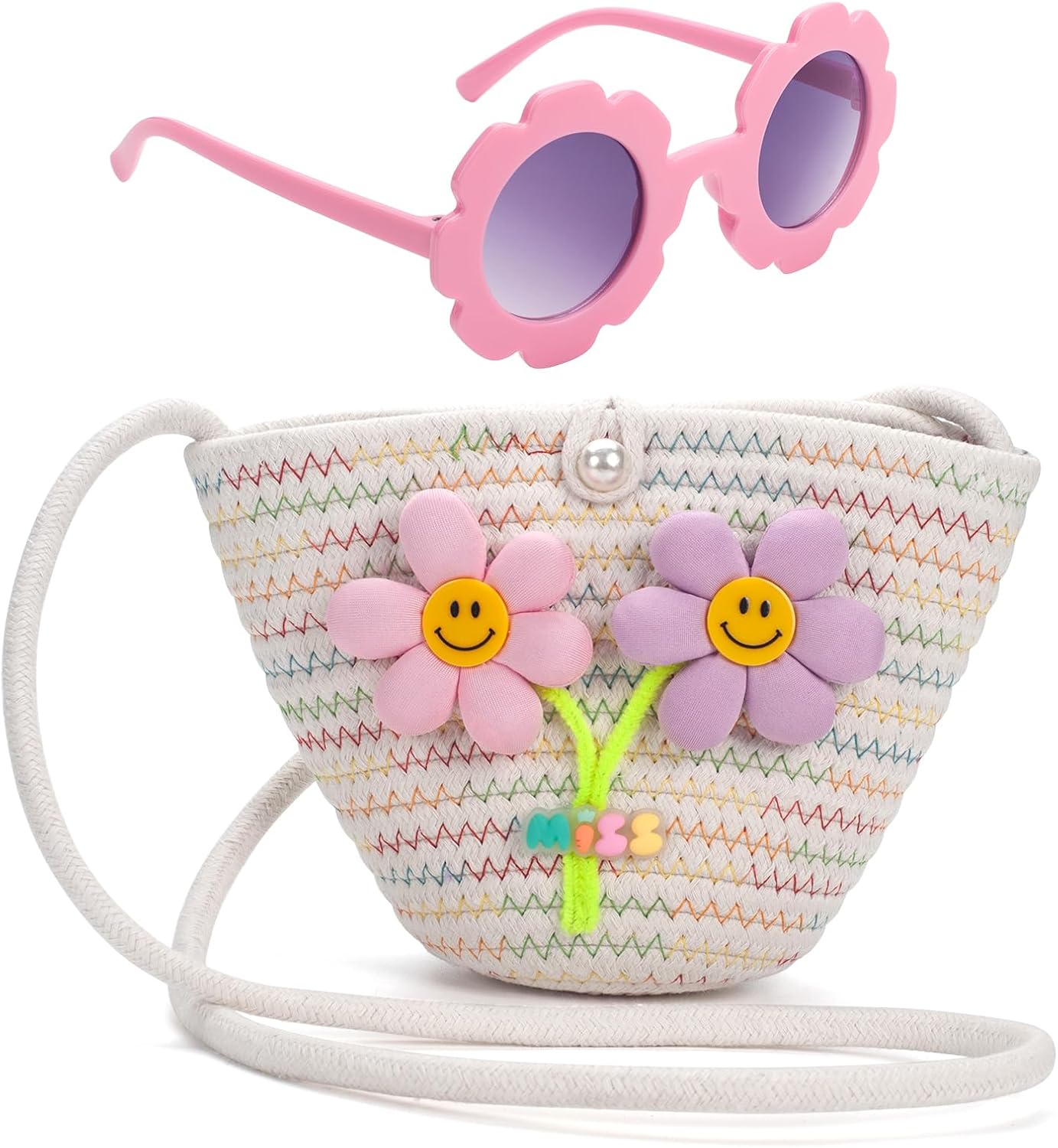 Little Girls Purse for Toddler, Kids Crossbody Bag with Sunglasses, Flower Girl Purse Woven Handbag