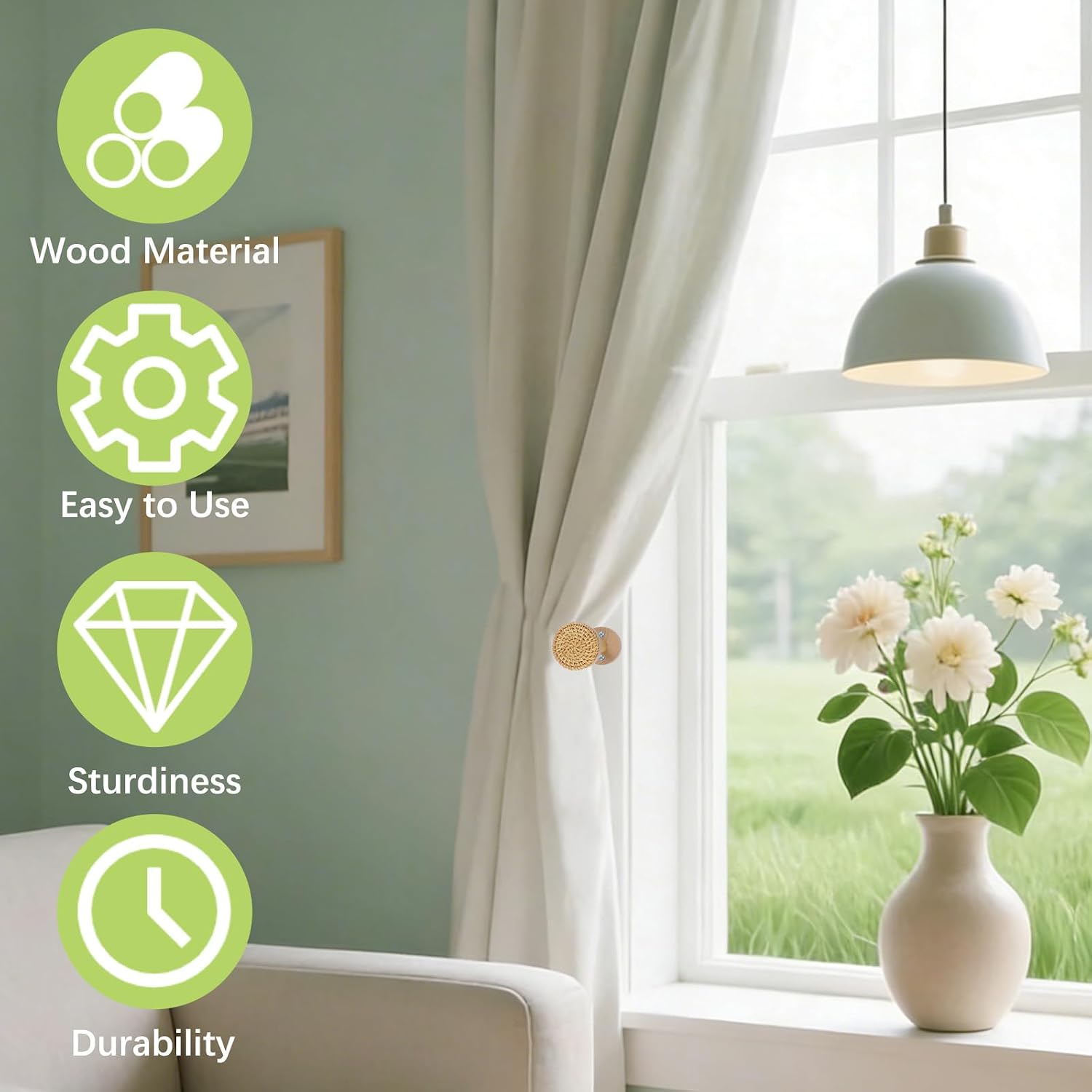 2Pcs Curtain Holdbacks, Wooden Curtain Hooks Rattan Tiebacks Wall Mounted Decorative Drapery Hooks for Home Office Door Window