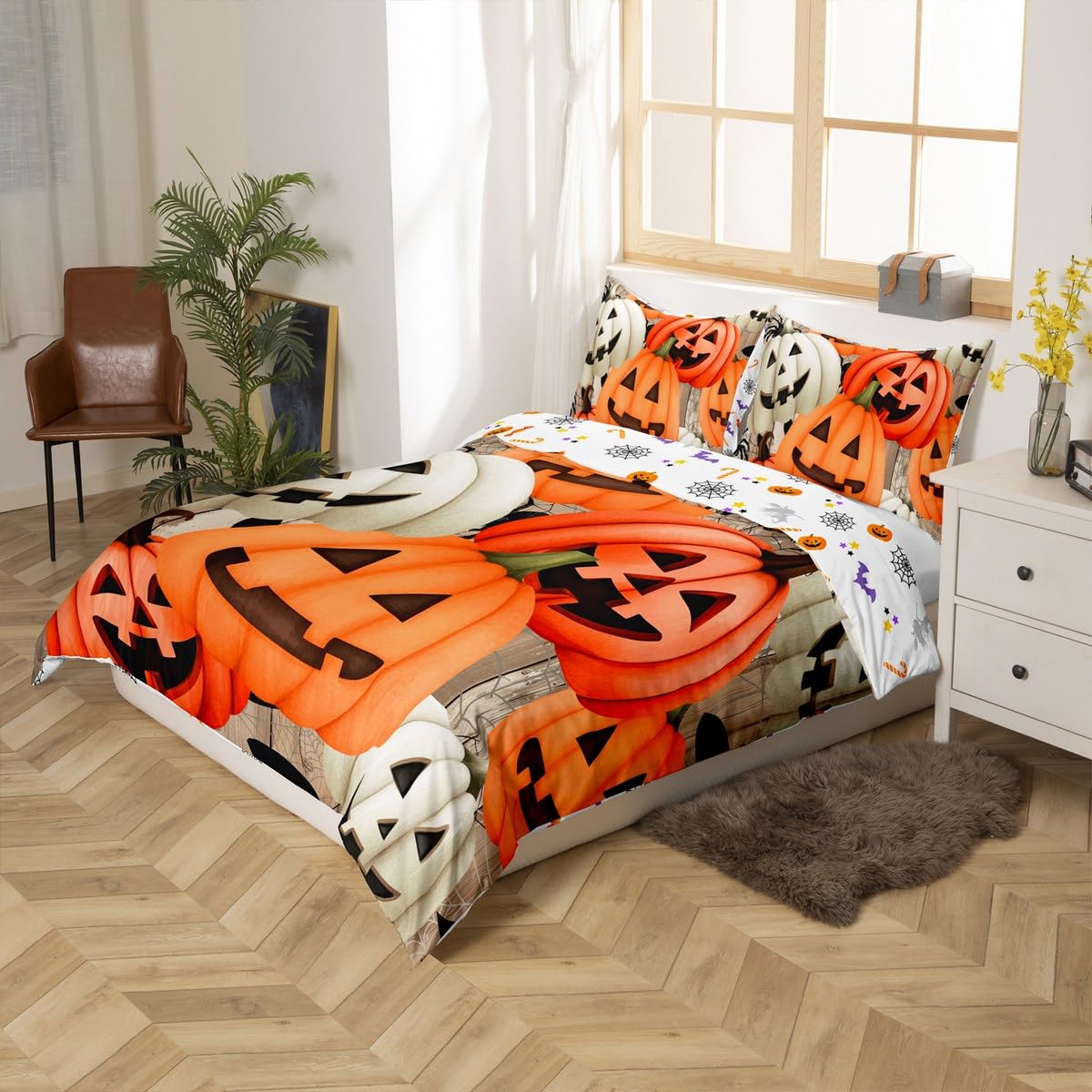 Homewish Halloween dynia poszewka na kołdrę super king śmieszne dynie zestaw pościeli gotycka pajęczyna poszewka na kołdrę dla dzieci chłopców dziewcząt, gotyckie jesienne dynie zestaw pościeli