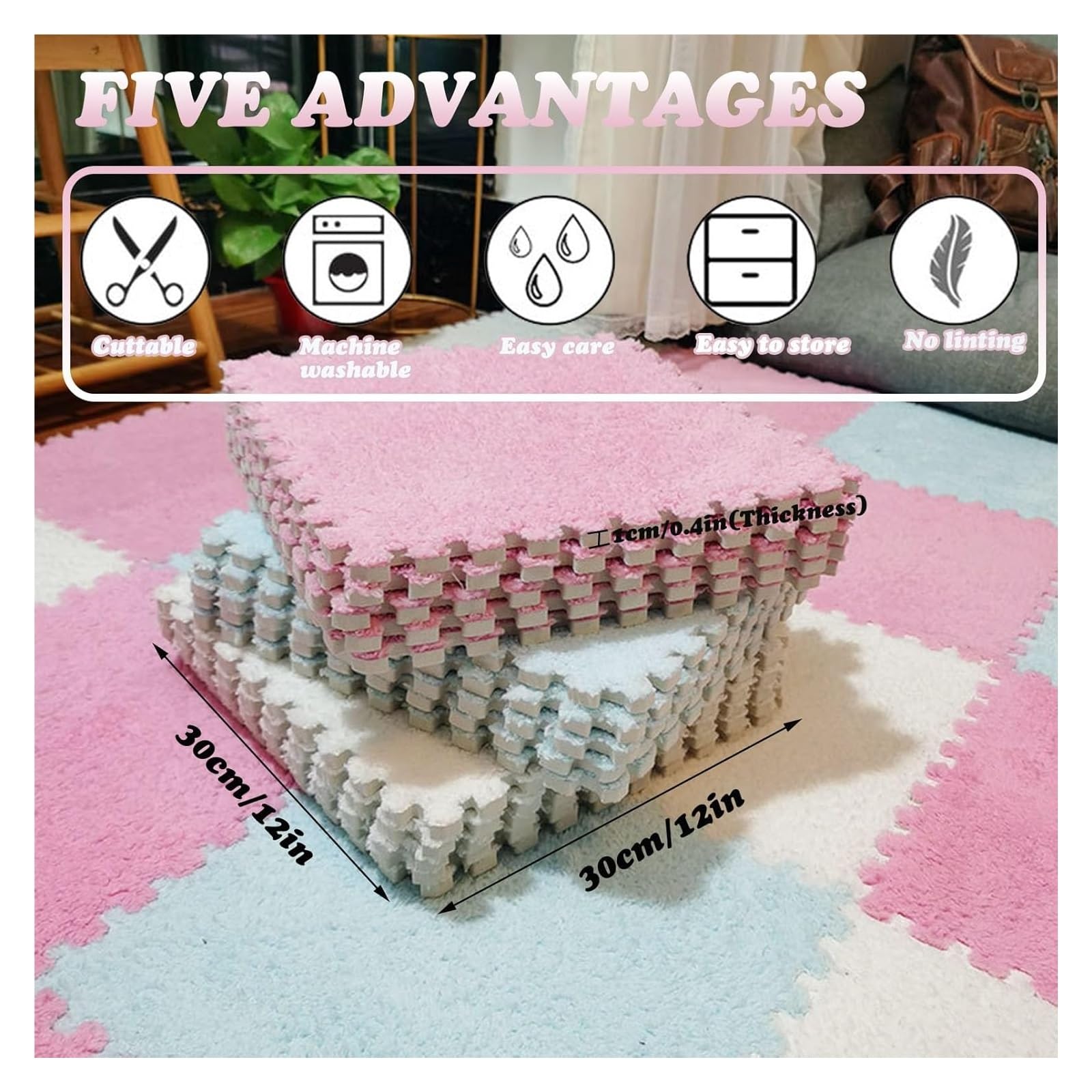 Tapis Puzzle en Mousse,Tapis de Protection Lavable Lot de 20 Tapis de Sol d'escalade en Mousse EVA Souple 30,5 x 30,5 x 1 cm, Tapis de Jeu antidérapant à Poils Longs(Blu)