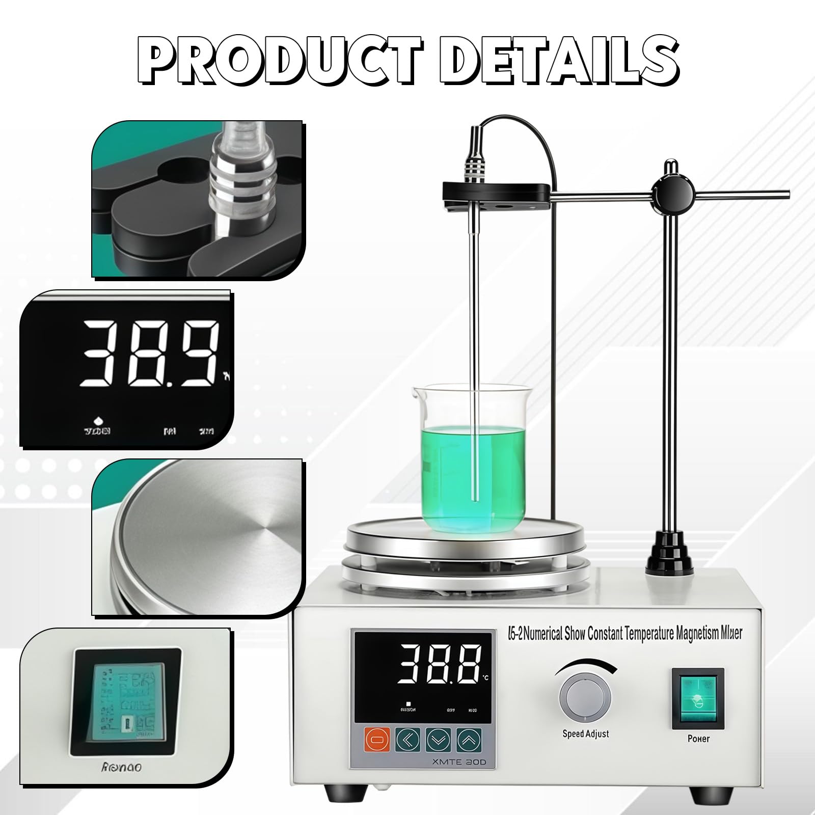 Agitatore magnetico con piastra riscaldante, 250 W, con regolatore di velocità continuo da 0 a 2200 giri/min, display digitale, magnetic Stirrer con 6 bastoncini magnetici per laboratori