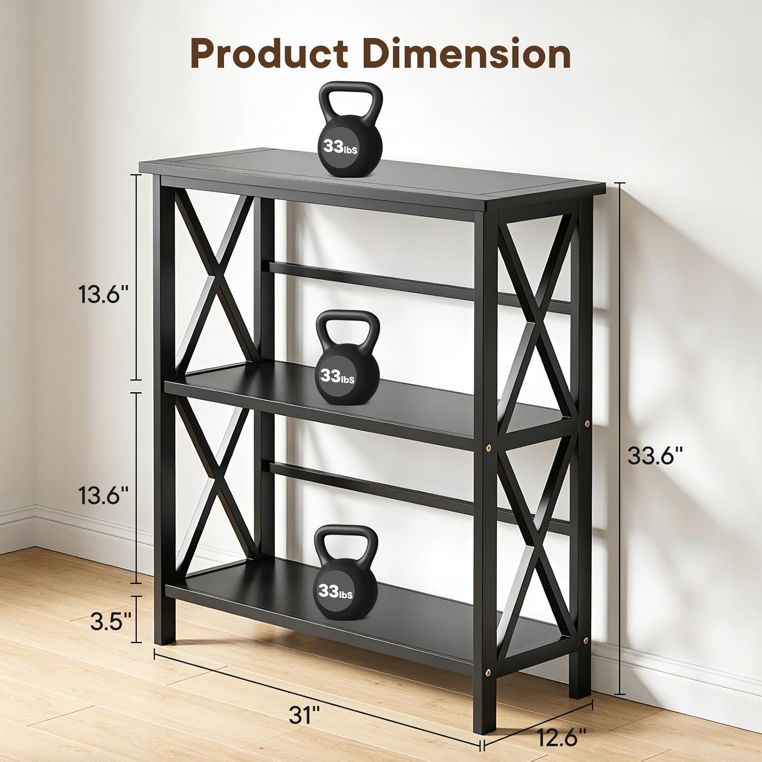 DUMOS 3 Tier Bookshelf, Short Book Shelf with Wood Shelves, Sturdy Wood Frame, X-Design Shelf Organizer for Home Office, Bedroom, Living Room, White