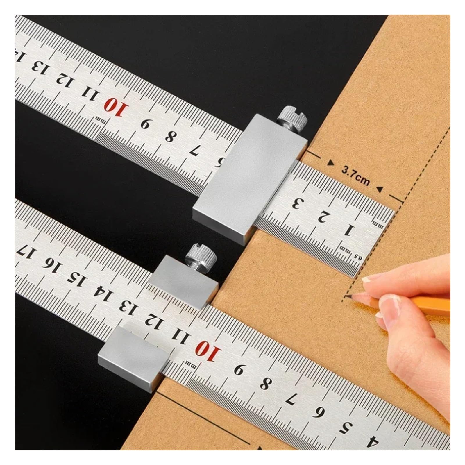 Juego de Calibres, Escuadra de carpintero, herramientas carpintería, regla acero, bloque posicionamiento, calibre medición y marcado(39MM)