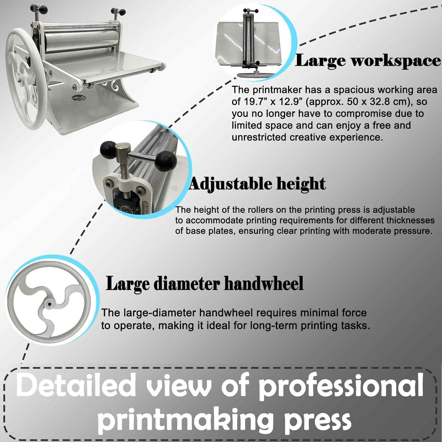 BEILOCKERY 12.9" x 19.7" Manual Slab Roller Printmaking Press Machine for Copperplate Woodblock Printing, Studio Printing Tabletop, Adjustable Height, for Gravure & Relief Printing, White