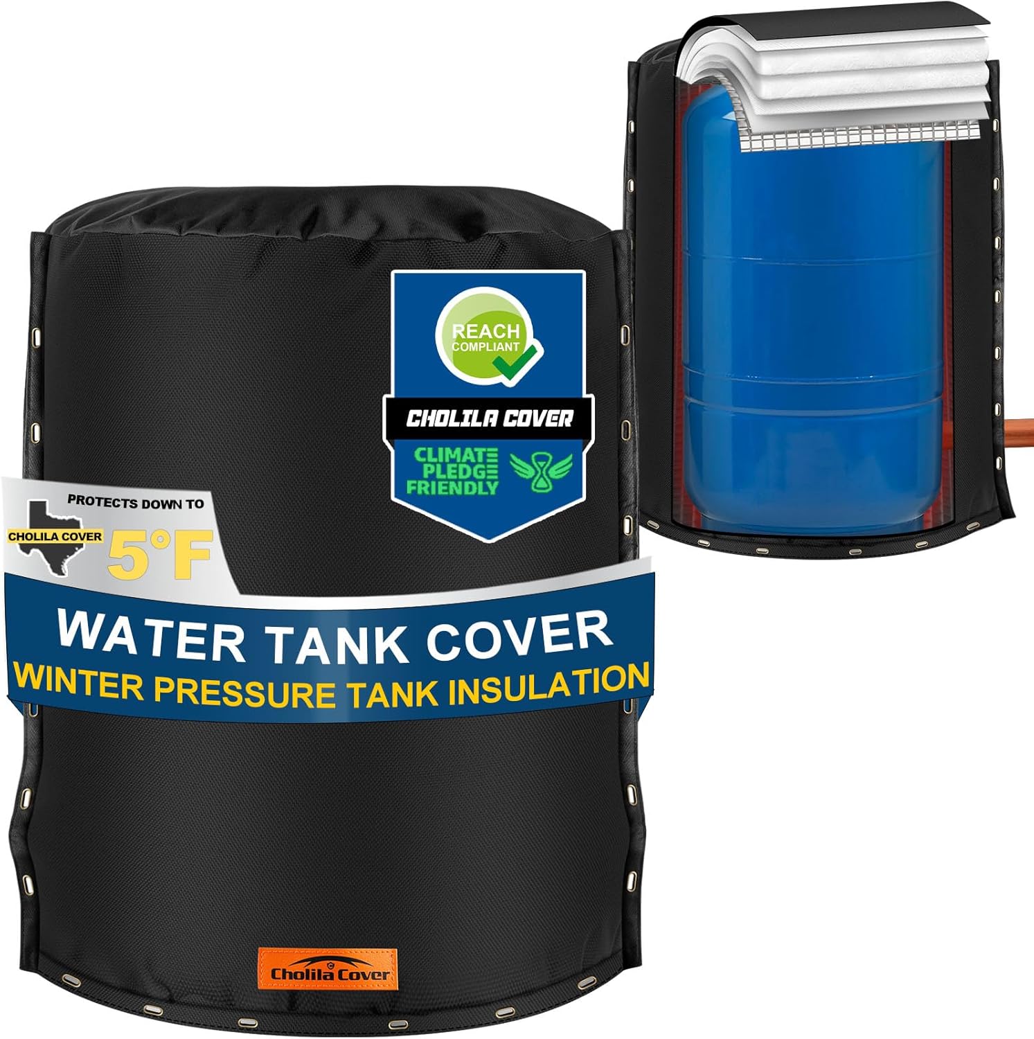 Snap 3-Way Opening Round Water Pressure Tank Cover - (5°F) Water Tank Insulated Cover - 24"Dia x 34"H Water Pressure Tank Cover for Outdoor Winter Freeze Protection Black
