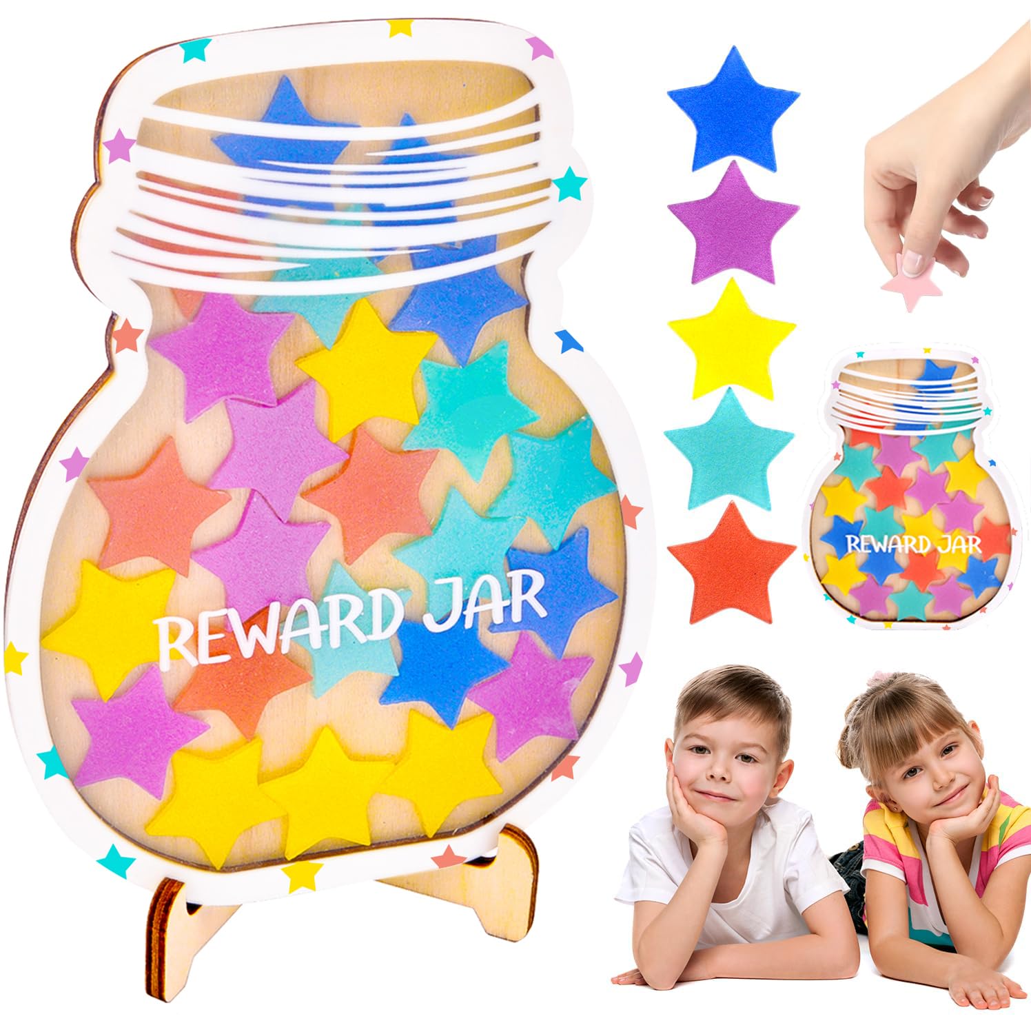 Pipihome Barattolo di Ricompensa con Stelle, Barattolo di Ricompensa per Vasino per Bambini, Sistema delle Ricompense per Bambini Adatto per Insegnanti in Classe,Color Star Wooden Decoration Bottle