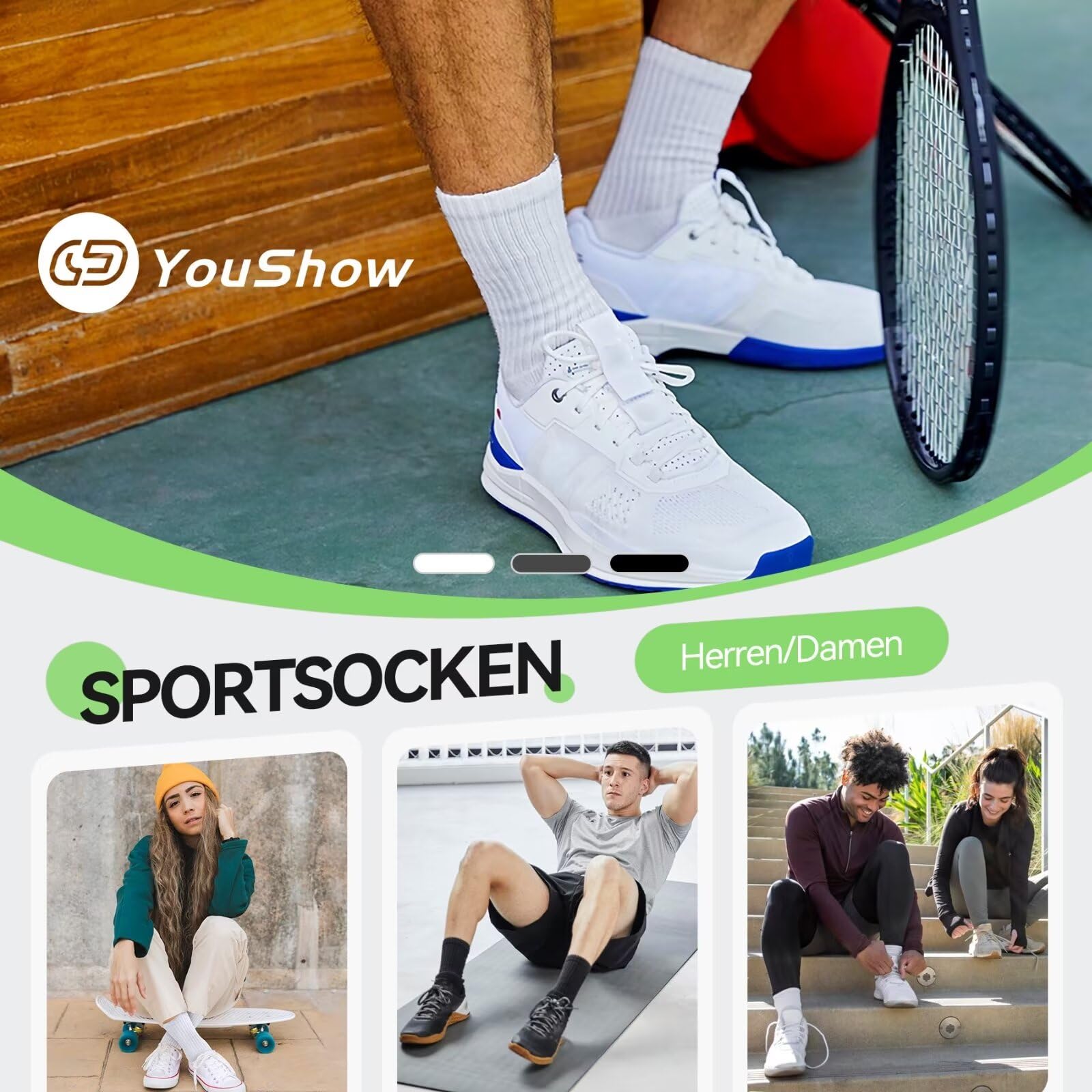 YouShow 6 paires de chaussettes Hommes Chaussettes de Tennis Femmes Chaussettes de Sport Chaussettes de Randonnée Crew Rembourrées Respirantes Douces Chaussettes en Coton