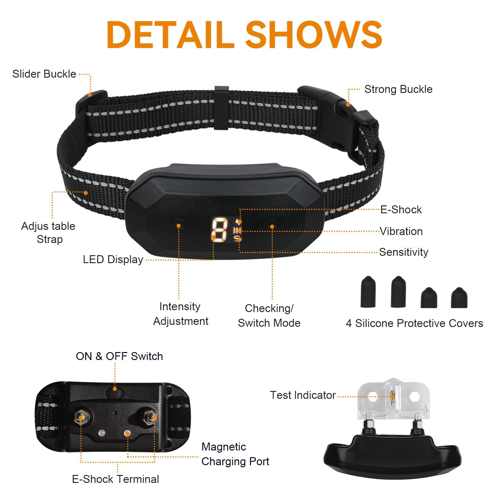 BT02 Collar de entrenamiento de ladridos, tres modos de entrenamiento: sonido, vibración, choque, negro