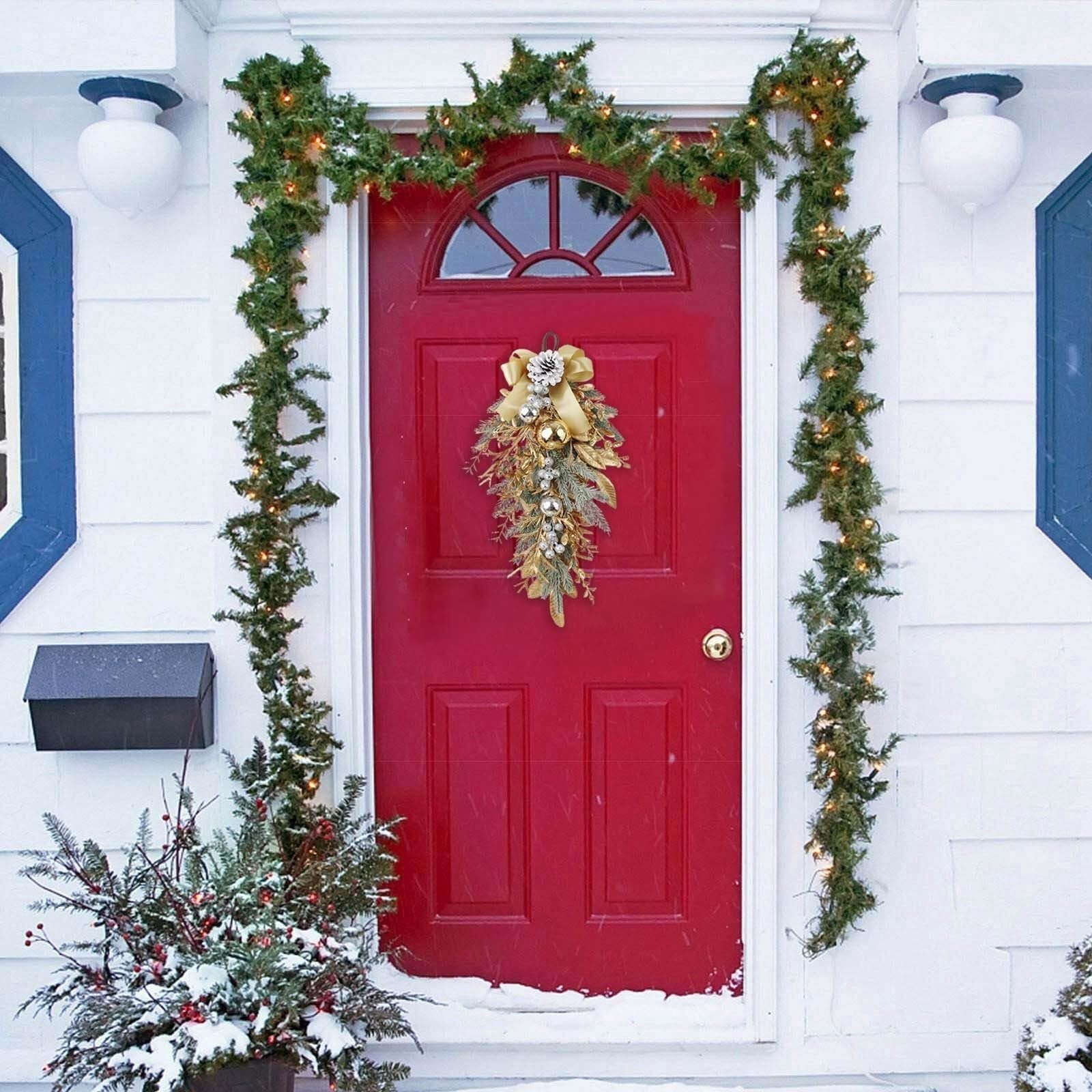 Ghirlande natalizie for porta d'ingresso, 2 pezzi, ghirlande invernali a forma di goccia con palla dorata for decorazioni da parete e finestre di casa ghirlanda