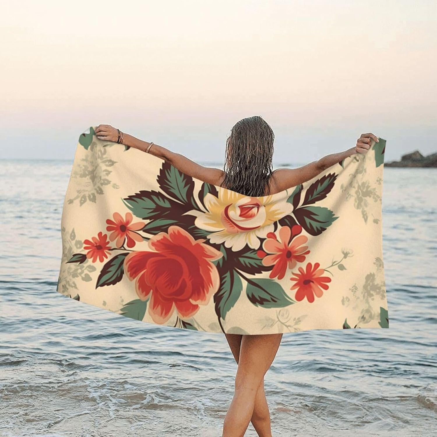 KHiry Microfiber Towel Beach Towels Retro Flower Quick Dry Towel Soft Lightweight Travel Towels Absorbent Large Easy Pack Travel Things Beach Blanket for Gym Sports Swimming
