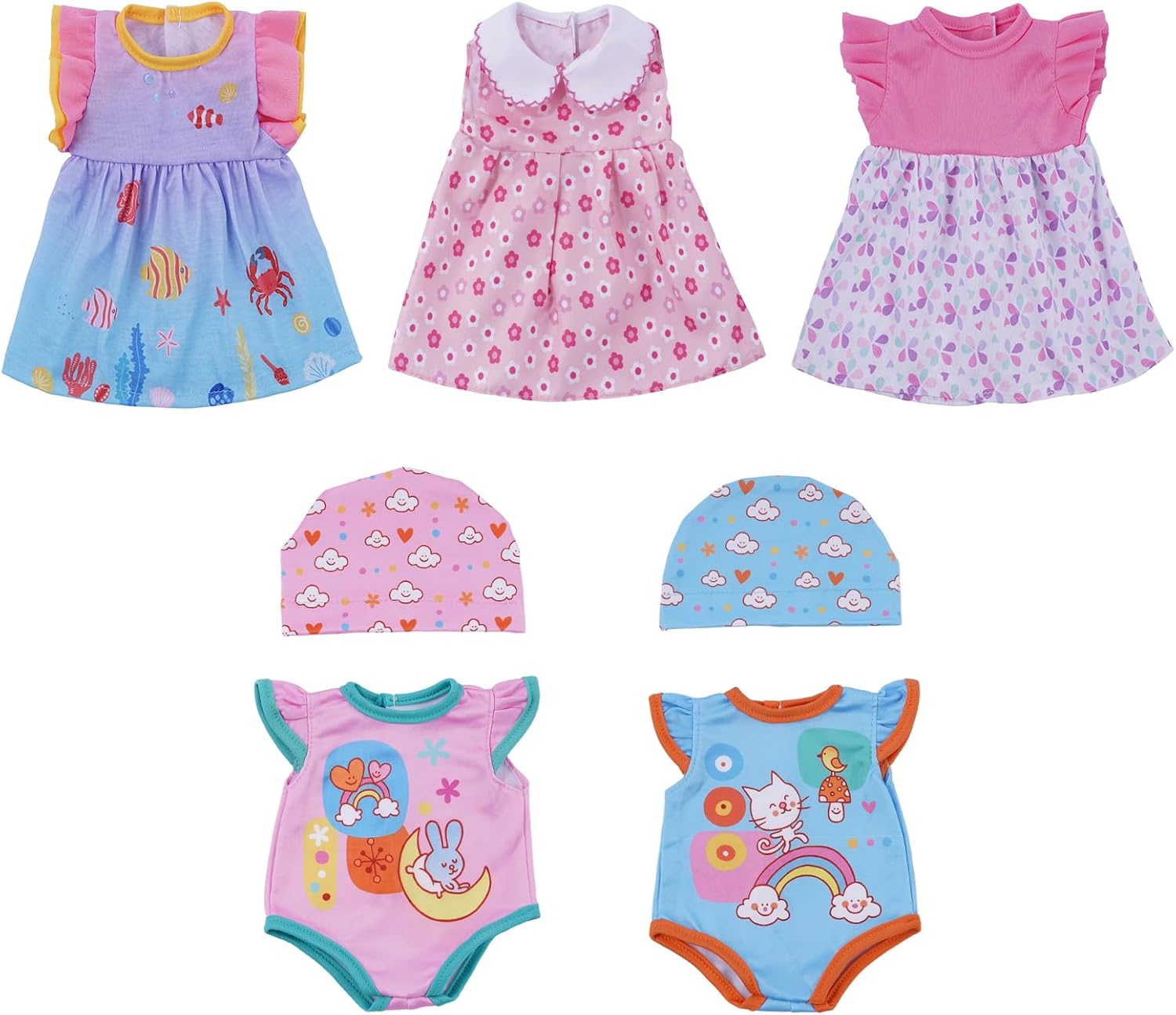 BABESIDE 5 Sets Baby Doll Clothes for 12-16 Inch Dolls – Soft Cotton Outfits & Baby Doll Accessories, Easy-on Hook & Loop Doll Clothing Dress-Up Play Gift (Doll Not Included)