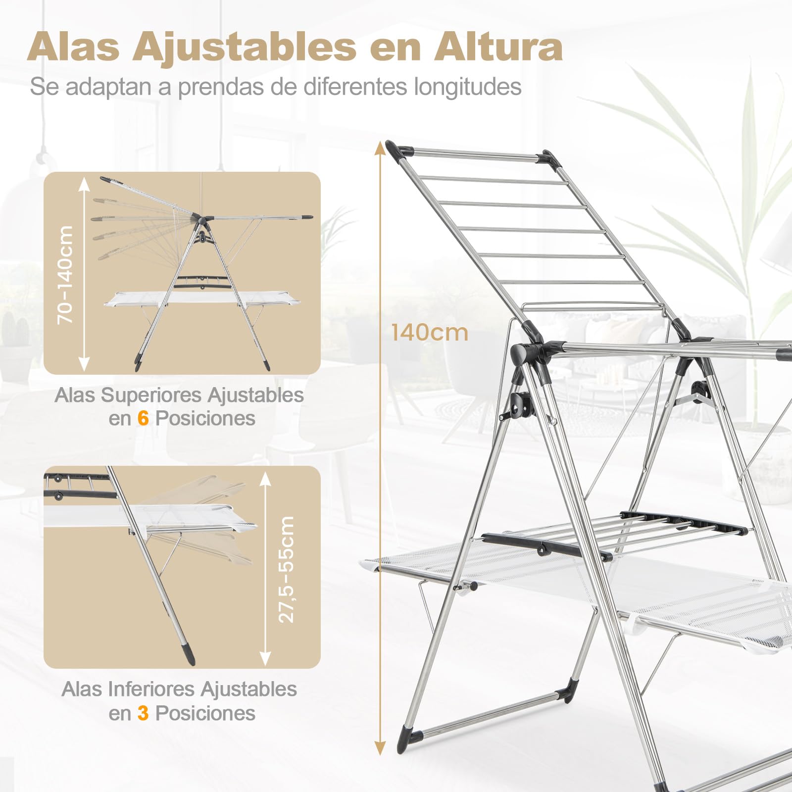 GOPLUS Tendedero Plegable, Soporte de Ropa Vertical con Barra de Colgar, Alas Ajustables 70-140 cm, Pinzas para Calcetines, Tela de Malla y Ganchos para Zapatos, Tendedor Extensible Interior Exterior