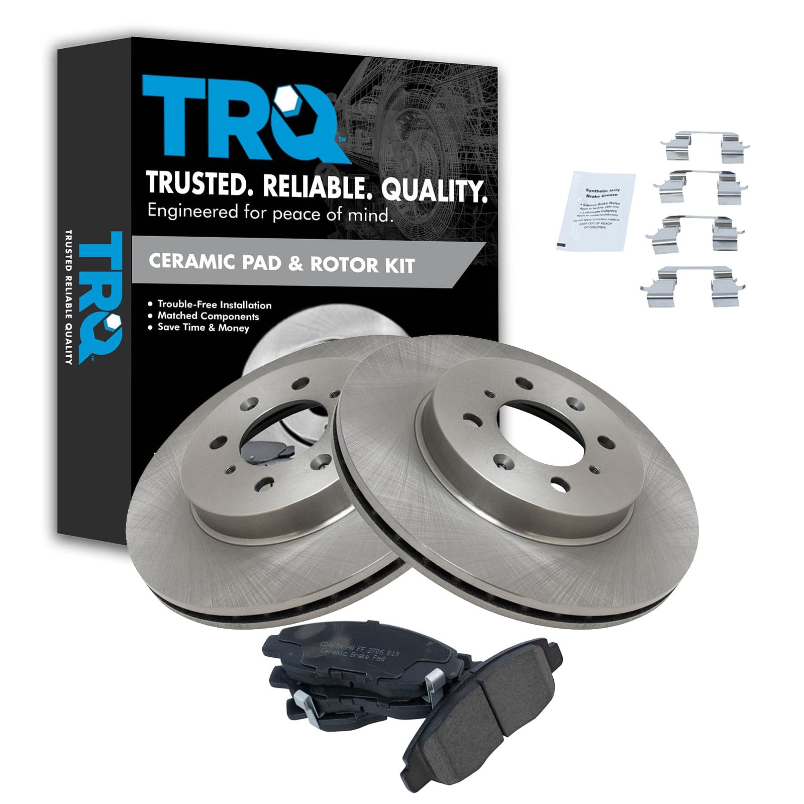 TRQ Front Ceramic Brake Pad and Rotor Set Compatible with 03-05 Honda Civic DX GX LX EX HX; 96-00 Honda Civic EX; 99-00 Honda Civic SI; 10-14 Honda