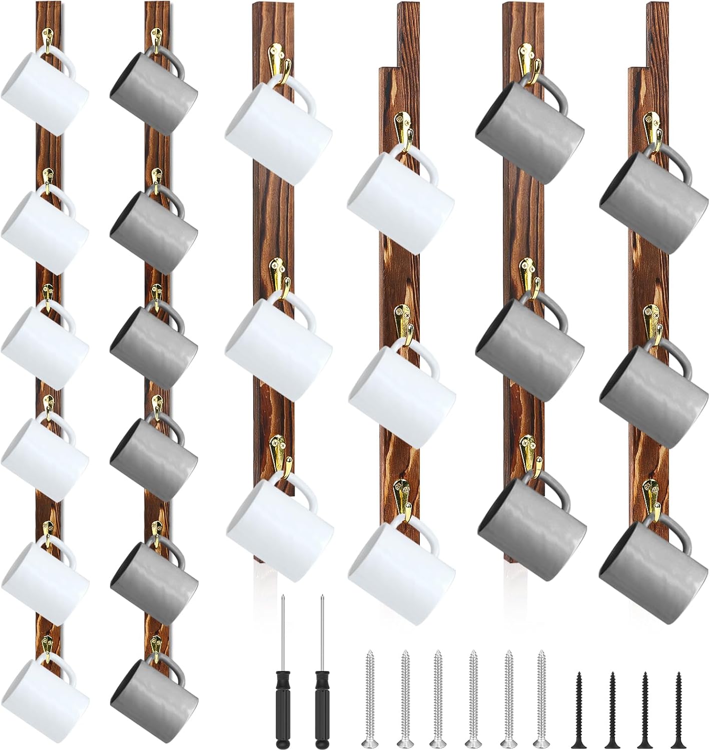 2 Pack Coffee Mug Wall Rack with 12 Hooks Burnt Wood Wall Mounted Coffee Mug Holder Brown Coffee Cup Organizer Coffee Mug Shelf Hanger Espresso Cup Hanging Rack Tea Cup Display Stand for Bar