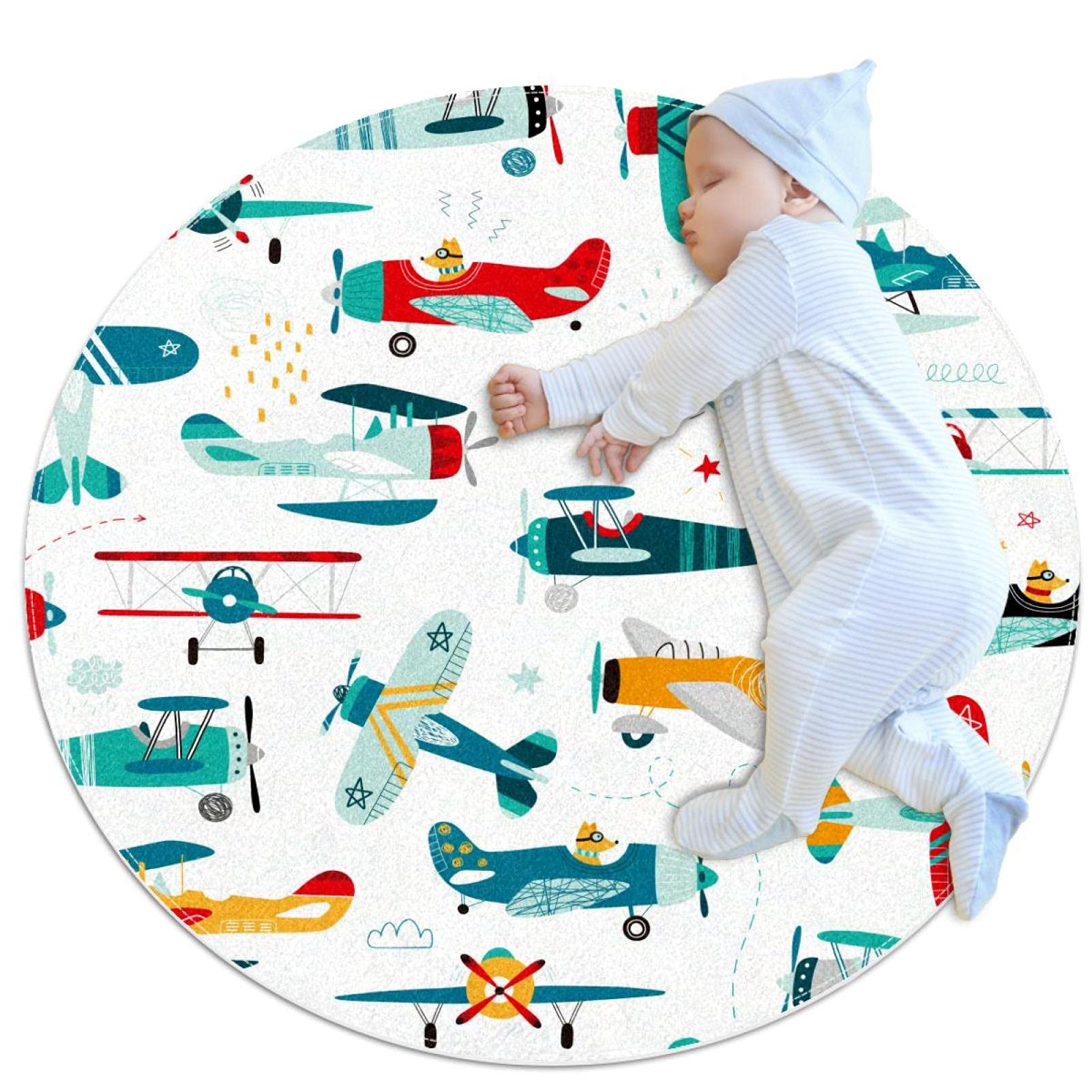 Tapis de salle de bain avion hélicoptère rond chambre enfant 1m