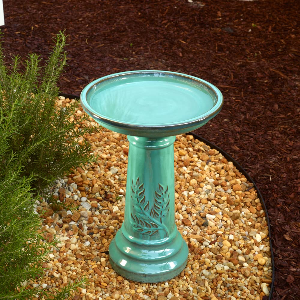 Smart Solar Wingate Outdoor Ceramic Birdbath with Pedestal Stand and Glossy Finish, Elegant Traditional Birdbath for Garden, Mint