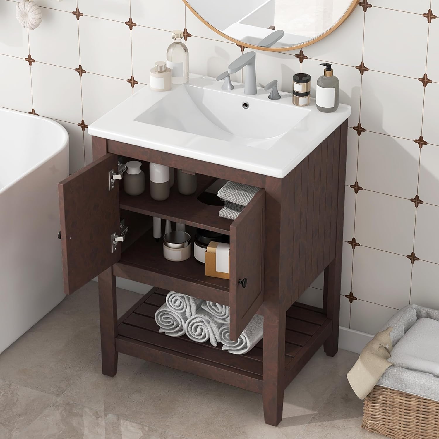 Bellemave 24" Bathroom Vanity with Ceramic Basin Sink, Combo Cabinet Under-Mount Sink, Bathroom Storage Cabinet with 2 Doors and Open Style Shelf for Bathroom No Mirror (Brown)