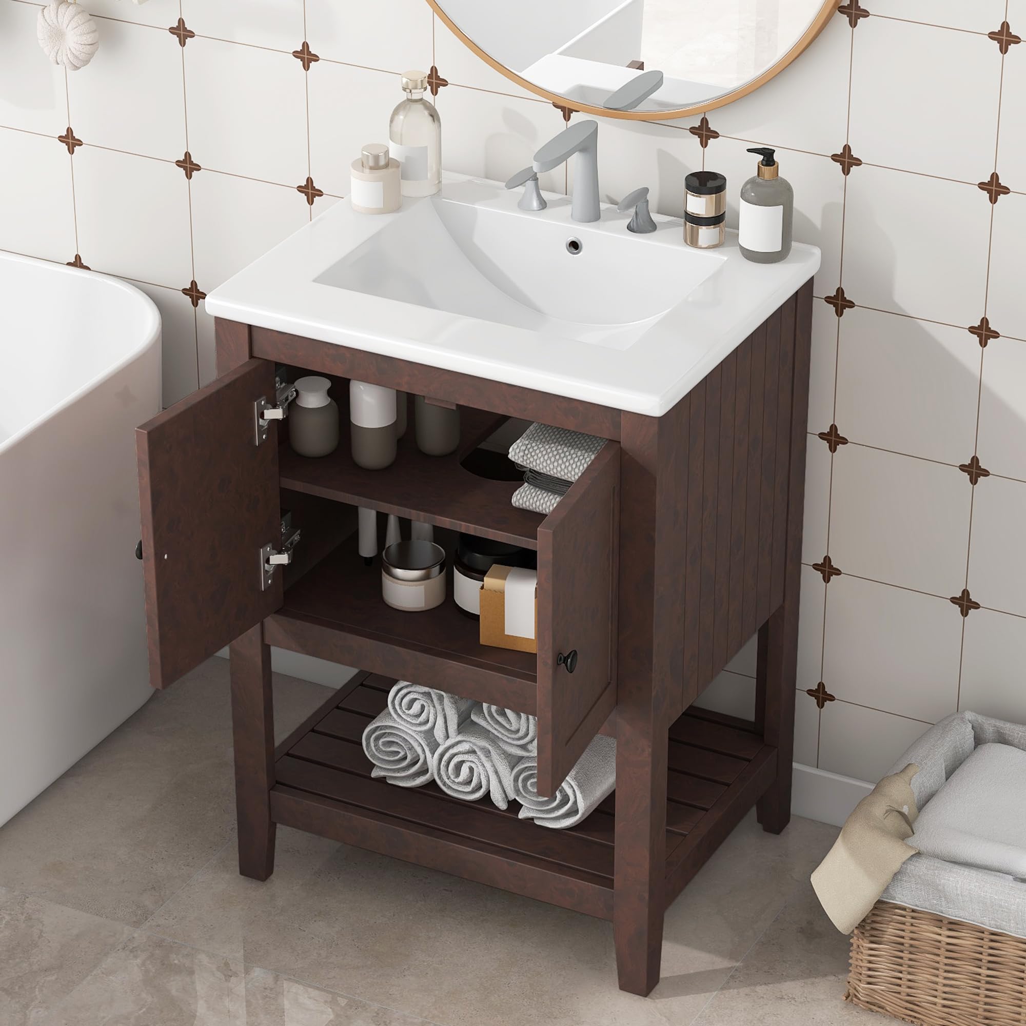 Merax 24 inch Bathroom Vanity with Sink,Small Bathroom Sink Cabinet with Ceramic Basin,Single Bathroom Vanities with 2 Doors,Solid Wood Frame,Brown