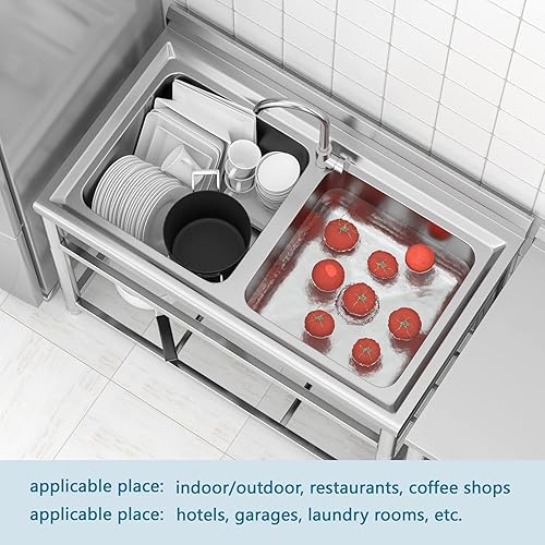 Miniatura 5 de Fregadero independiente de acero inoxidable, fregadero de restaurante comercial, fregadero grande de doble tazón, fregadero al aire libre, para