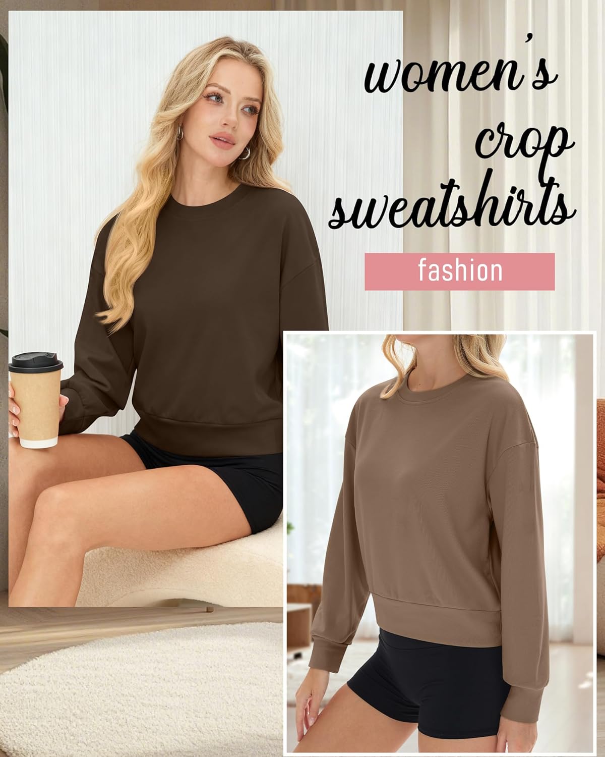 4 Pack Womens Long Sleeve Cropped Sweatshirts Crew Neck Loose Fit Pullover Thermal Tops - Image 6