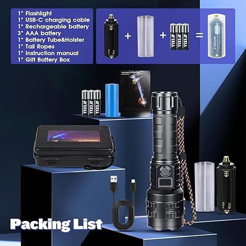 Miniatura 9 de Linternas de alto lúmenes recargables, 1000000 lúmenes de alto lúmenes, luz LED de mano súper brillante, potentes líneas de emergencia,