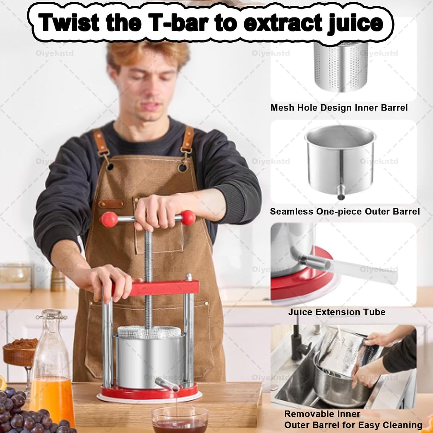 Cider Press, Stainless Steel Cheese Tincture Fruit Wine Manual Press Machine, Portable Cheese Fruit Tincture Barrels Press Machine with Heavy Duty Base for Making Wine or Juice 6L/1.6Gal