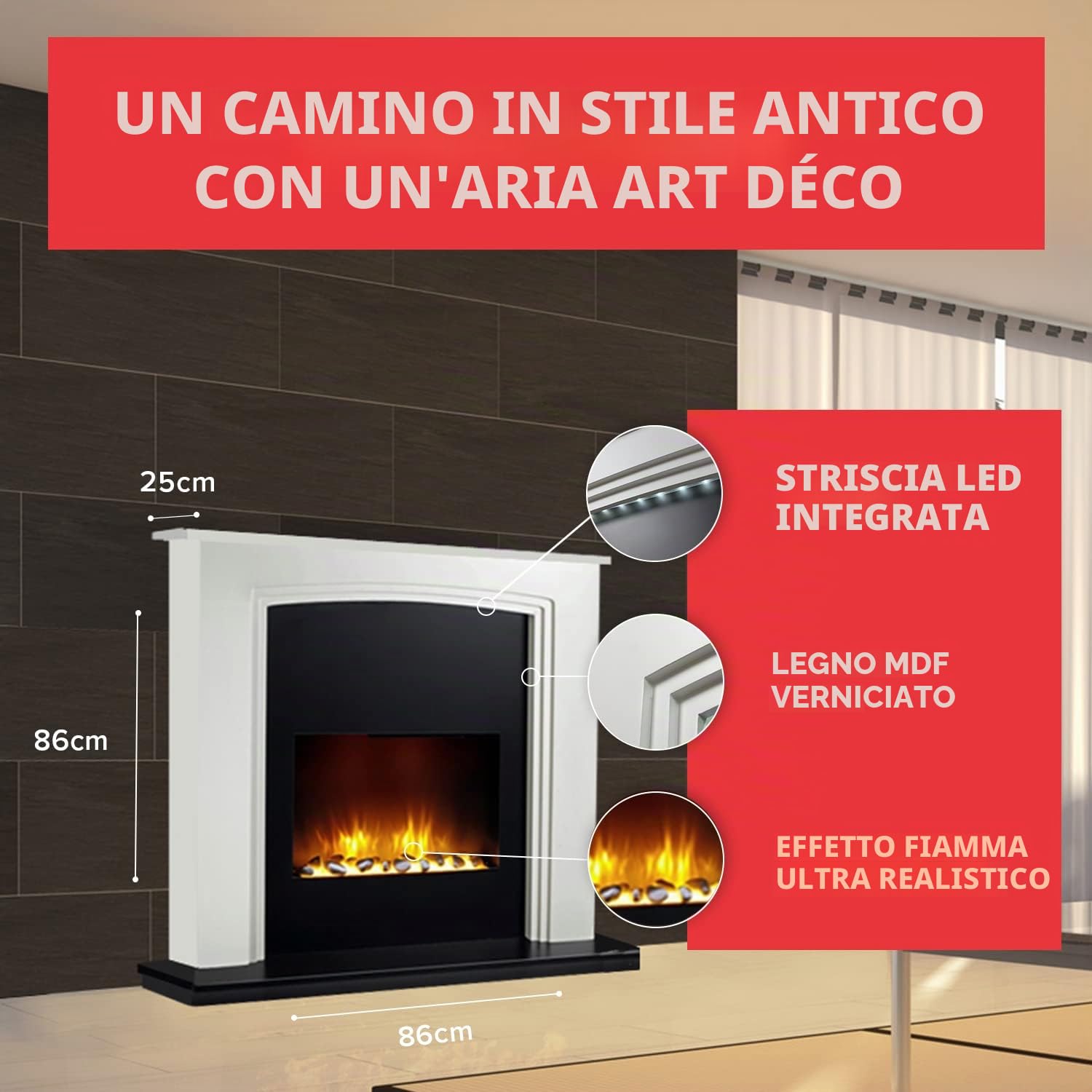 CHEMIN'ARTE Caminetto elettrico Manhattan da appoggio, effetto fiamma LED - con funzione di riscaldamento, caminetto elettrico con potenza 2000W