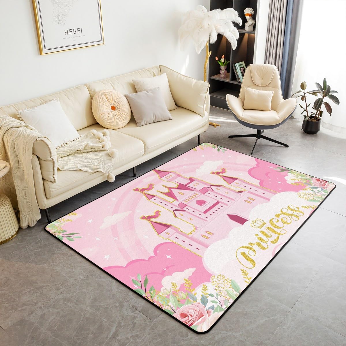 Tapis de chevet rose enfant et adulte style château féerique 1,2x1,8 m