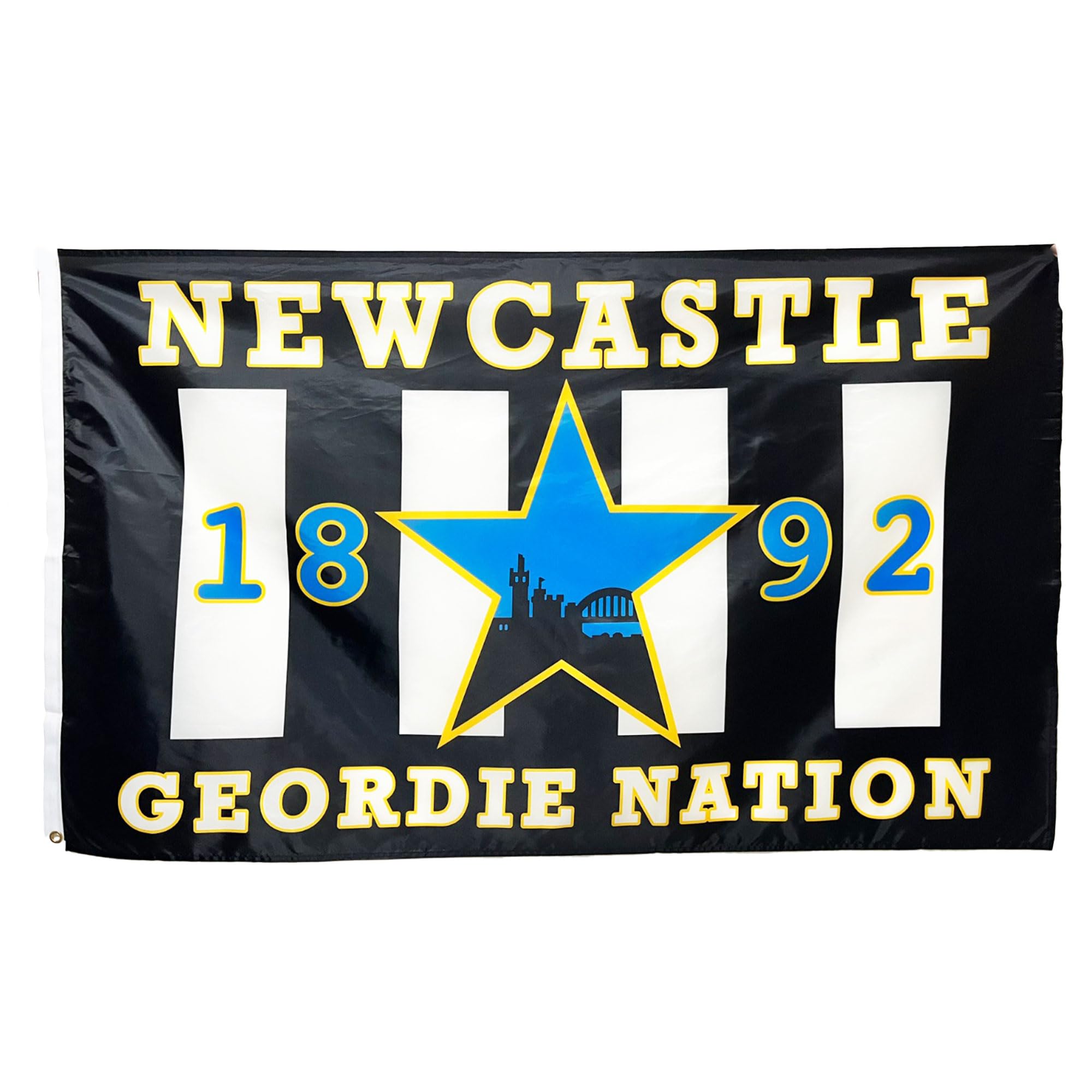 Newcastle Football Supporters 5x3 ft Flag - Blue Star And Geordie Nation Banner – 1892 Design Classic Black And White Colours