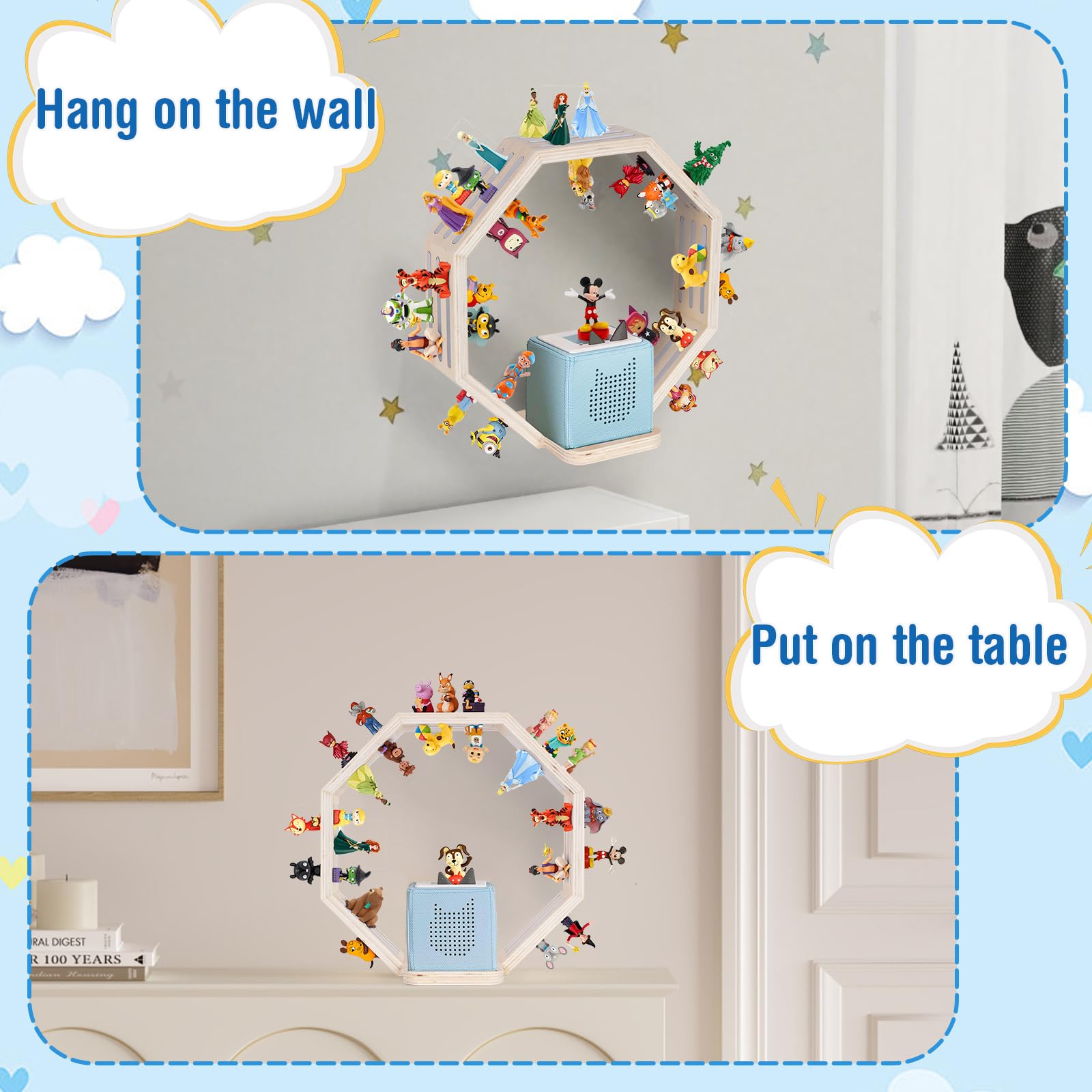 Todeco Étagère Magnétique en Bois, pour Tonie Box et Tonies, Petit Octogone | Jusqu'à 60-70 Tonies, Compatible avec Station de Charge, Murale ou à Poser, Matériel de Montage Inclus, pour Chambre Enfant