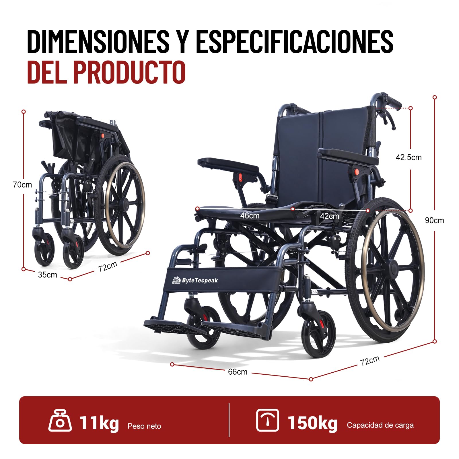 M4 Silla de Ruedas Plegable para Adulto, Ligera de 11 kg y Autopropulsada, Asiento Cómodo de 46 cm, Reposapiés Desmontables, Ruedas Antivuelco, Sistema de Doble Freno, Soporta hasta 120 kg