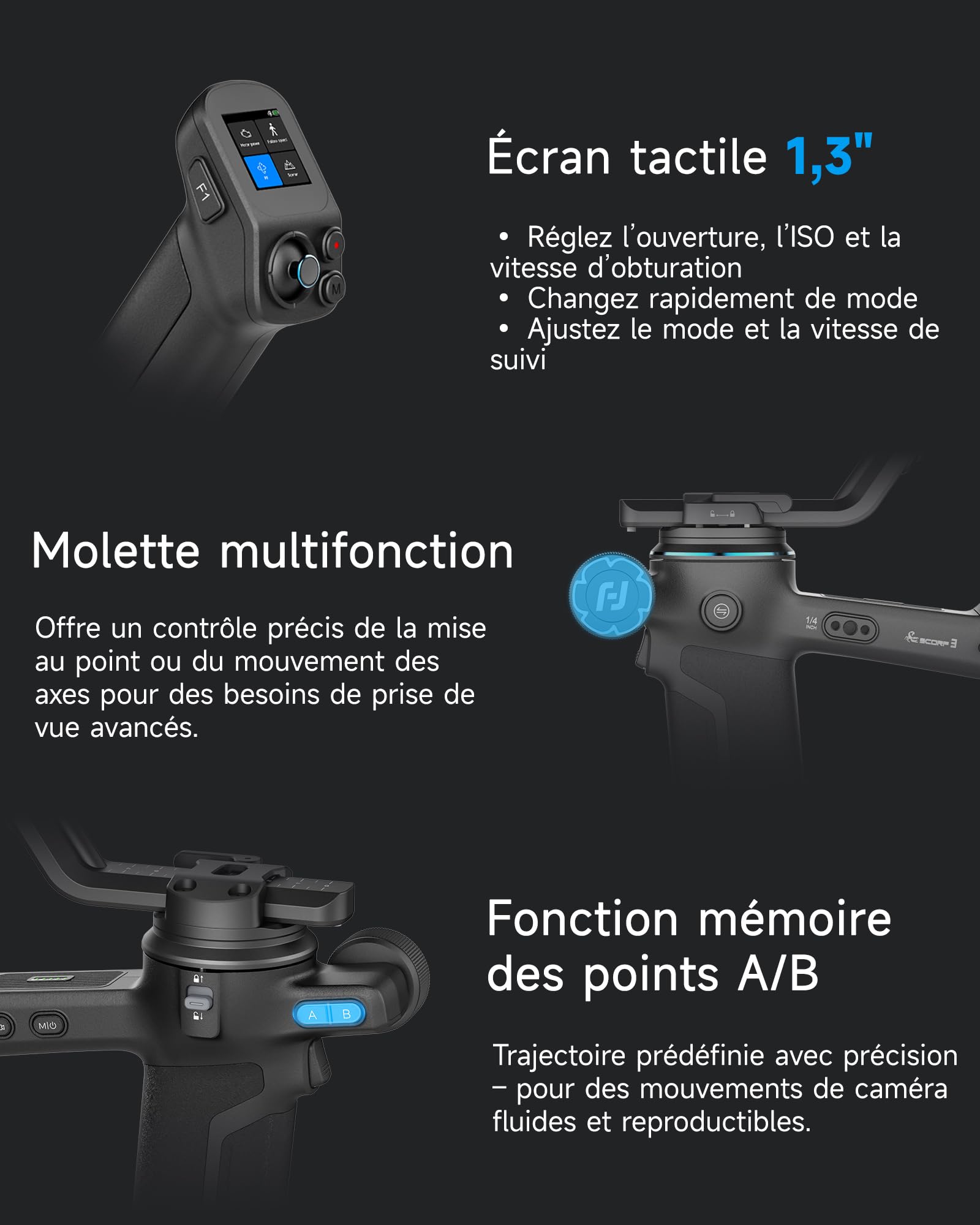 [Officiel] Feiyutech SCORP 3 KIT Stabilisateur de Cardan pour Appareil Photo avec Suivi AI 4.0 Intégré,Charge utile de 3,5kg,Poignée Amovible avec Contrôle sans Fil,5 Accessoires Supplémentaires
