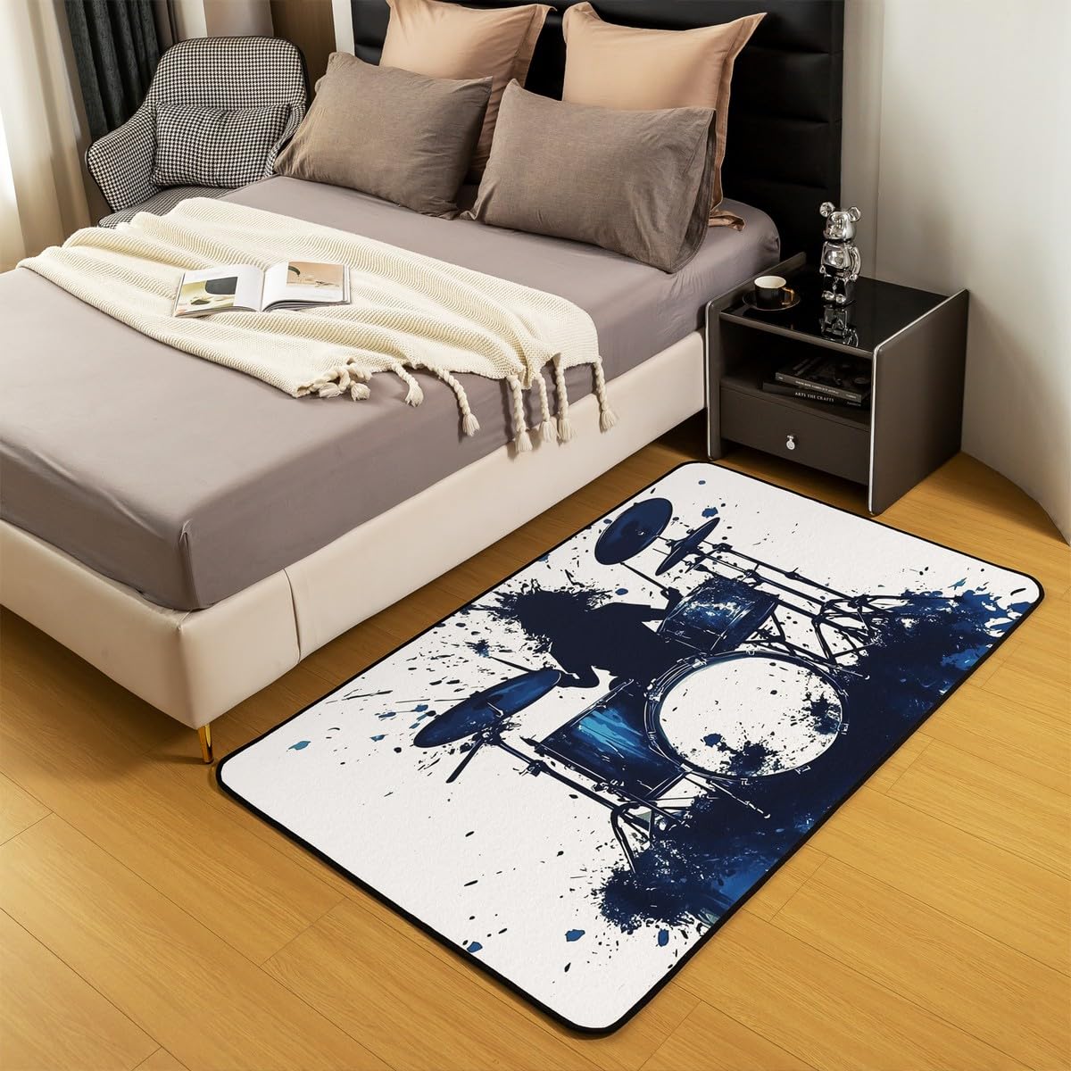 Homewish Tapis Salon 100x150cm Instrument de Musique Pop,Tapis Chambre Kit de Tambour Rock,Tapis Sol Style Glitter Bleu,Décoration D'Intérieur Enfants Garçons Filles Amateurs de Musique Roll