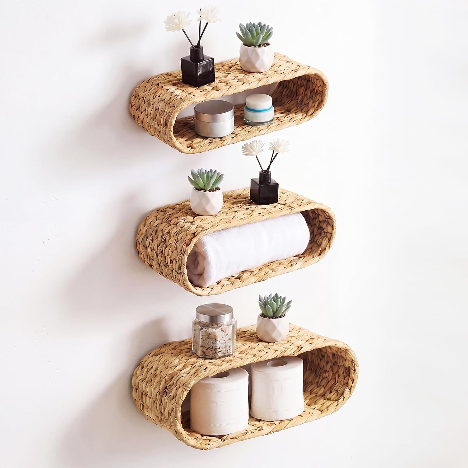 Gerrii 3 Pcs Wicker Wall Shelf for Bathroom Rattan Hanging Toilet Paper Holde Floating Shelf Natural Handmade Water Hyacinth, Easy Installation, Bathroom Bedroom Living Room Decor