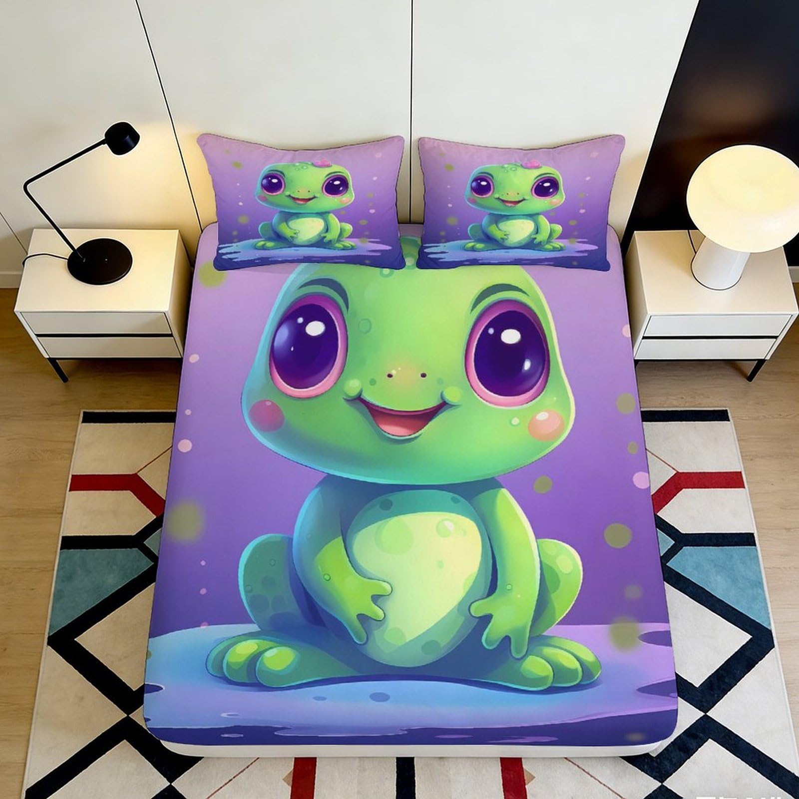 3D Printed Cute Frog Fitted Sheet Microfiber Soft Breathable Purple Bed Cover with 3D Cartoon Design Mattress Cover for Bedroom Dormitory Guest Room 160x200x25cm