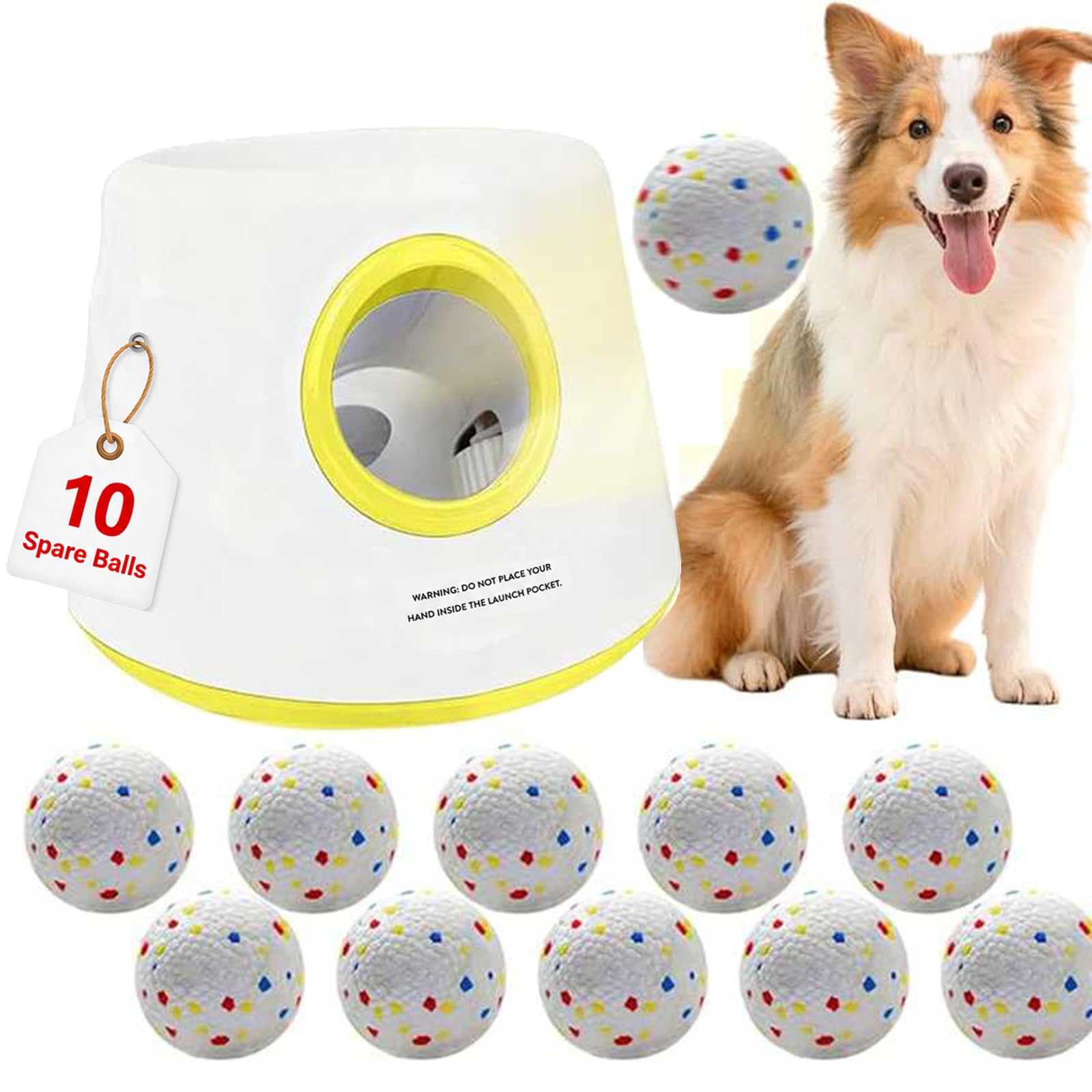 RoseYouth Automatic Dog Ball Launcher for Small/Medium Dogs - Small Silent Design, 3 Distance Settings (20ft/33ft/46ft), Rechargeable, 10 Durable 2.3" Balls Included (Dog Ball Launcher-Yellow)