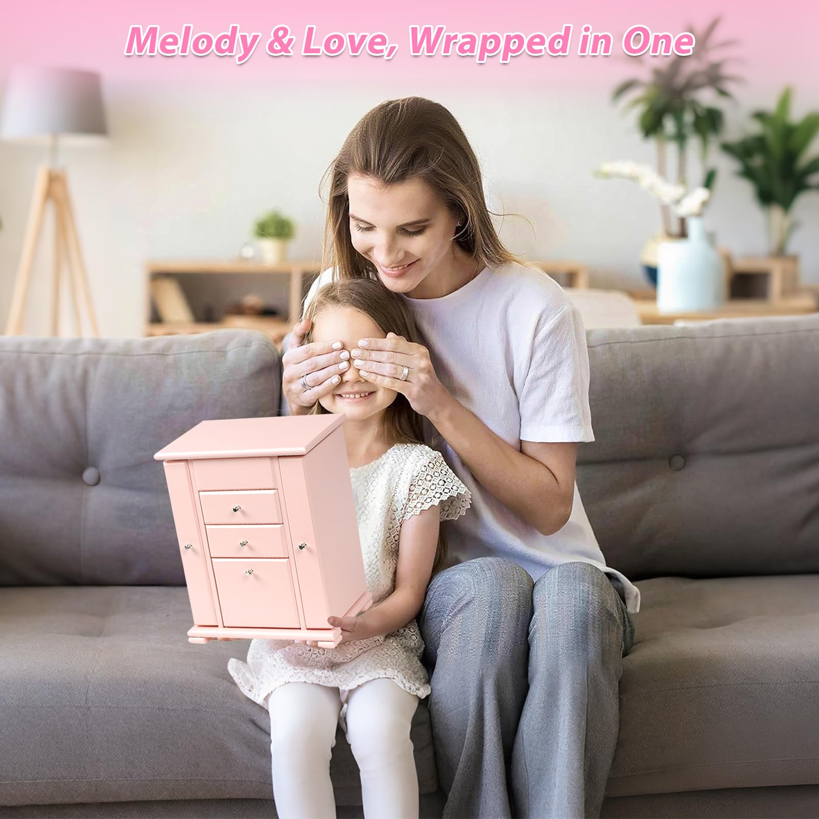 Schmuckschatulle für Mädchen, 4 Ebenen, Musik-Schmuckkästchen für Mädchen, mit Tänzerin, drehbar, große Spieluhr für Kinder, aus Holz, für Kinder, Geburtstag, Geschenk (Rosa)