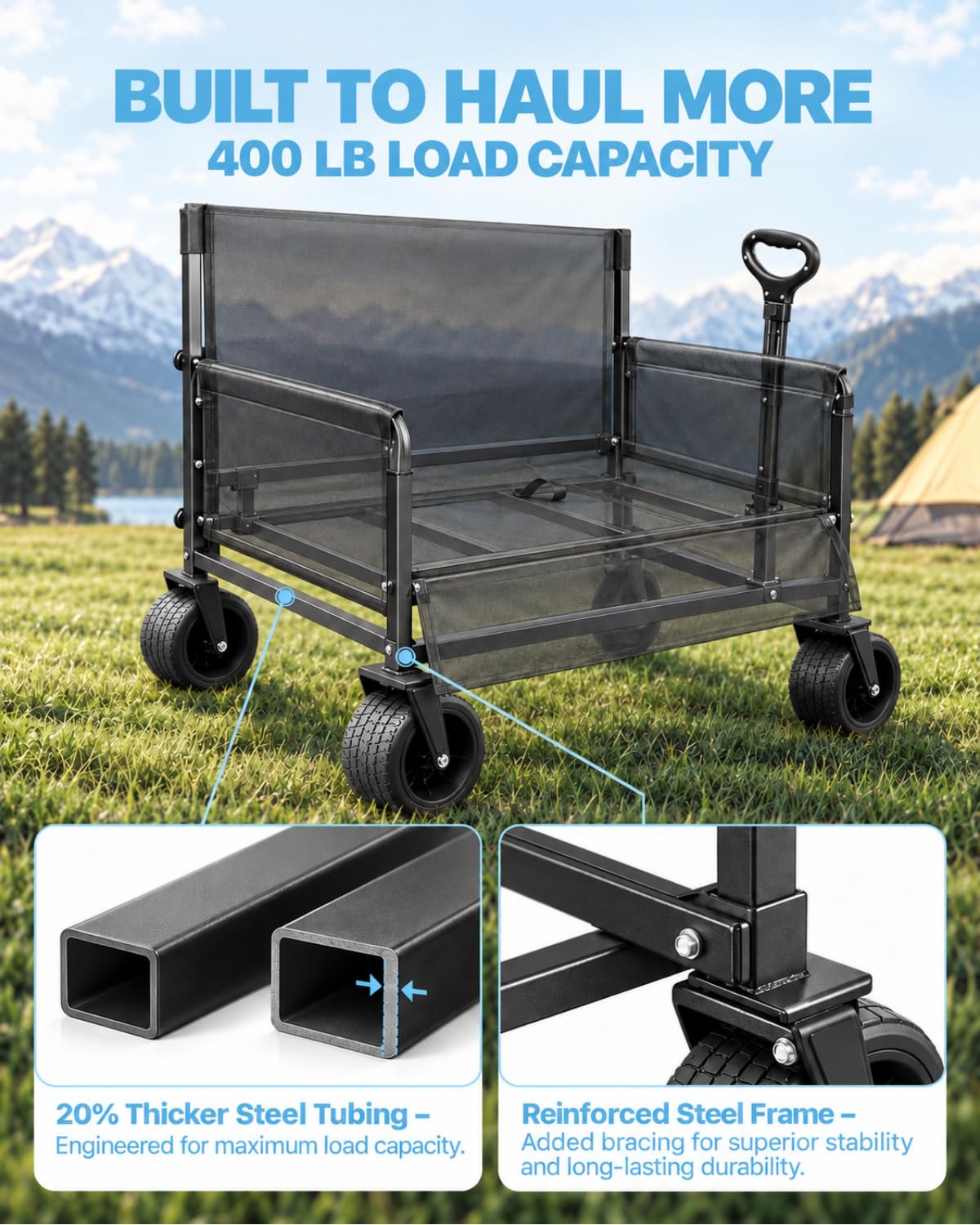 Carro plegable con asiento de banco, capacidad de 440 libras