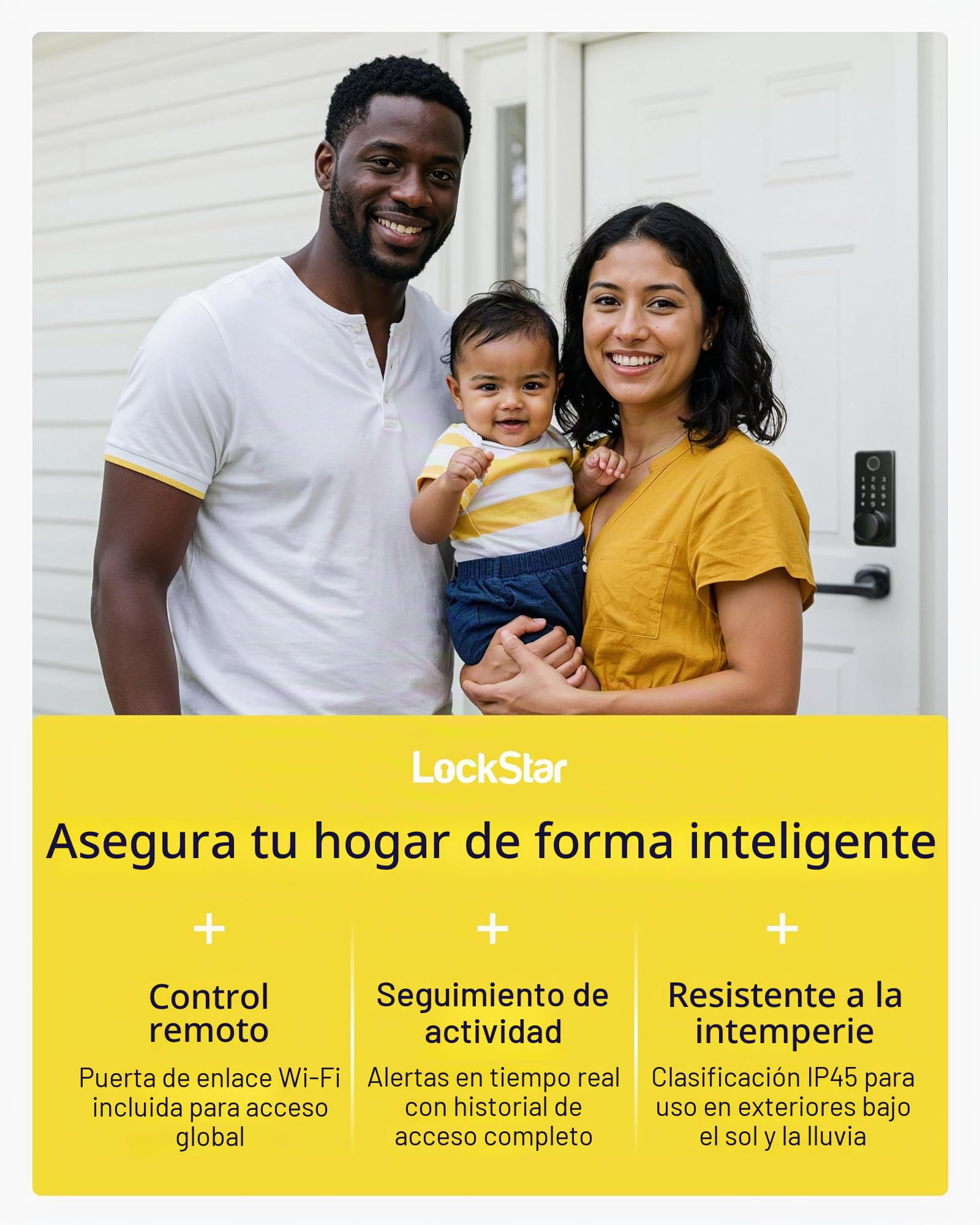 LOCKSTAR® Cerradura de puerta inteligente • Cerrojo de seguridad sin llave • Múltiples métodos de entrada - APP • ID táctil de huellas dactilares • Código de teclado • FOB • Llave tradicional •